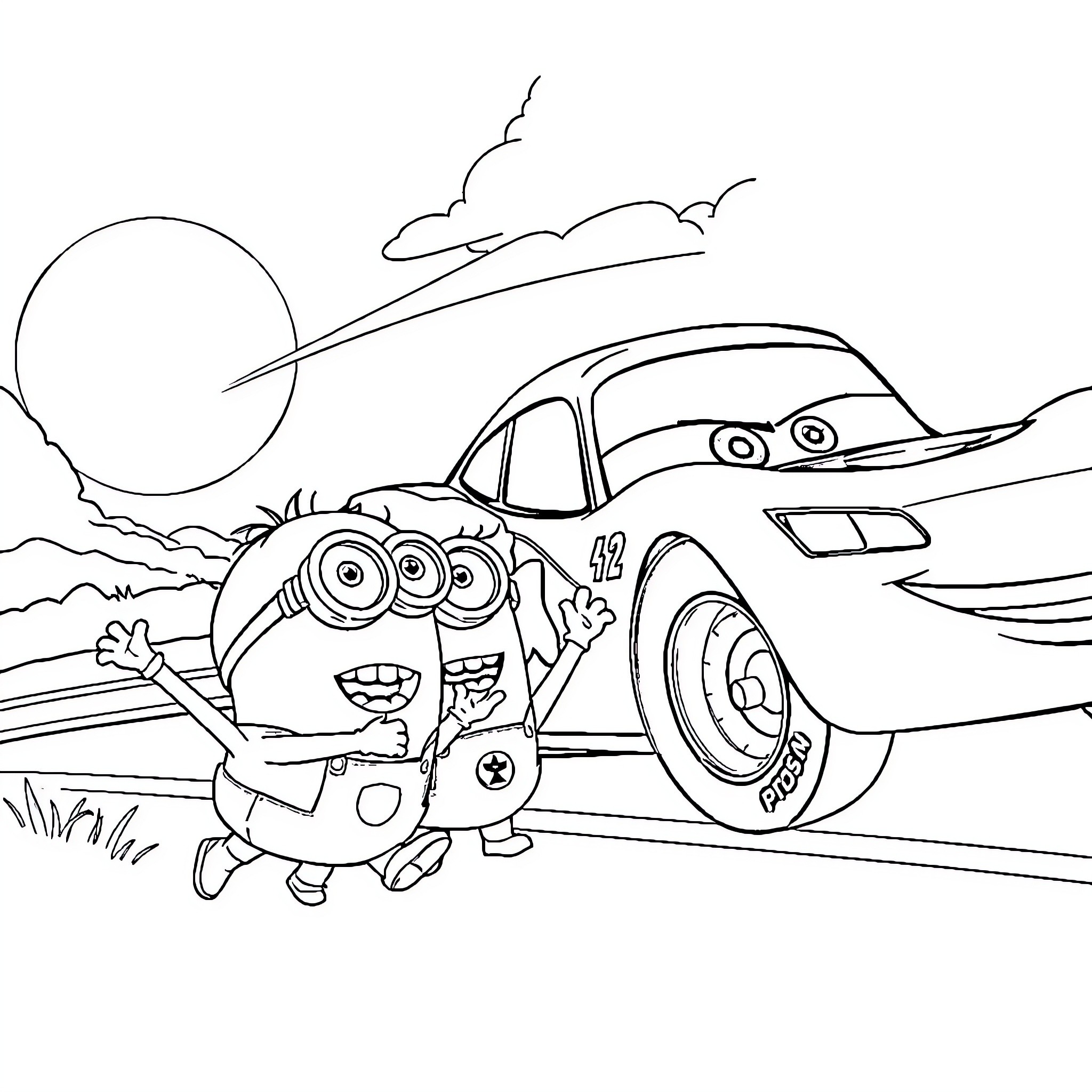 Minion exploring a cartoon car in the desert Coloring Page (free black-and-white line drawing printable PDF for all, from beginners to advanced learners, including children, teens, adults, and seniors)