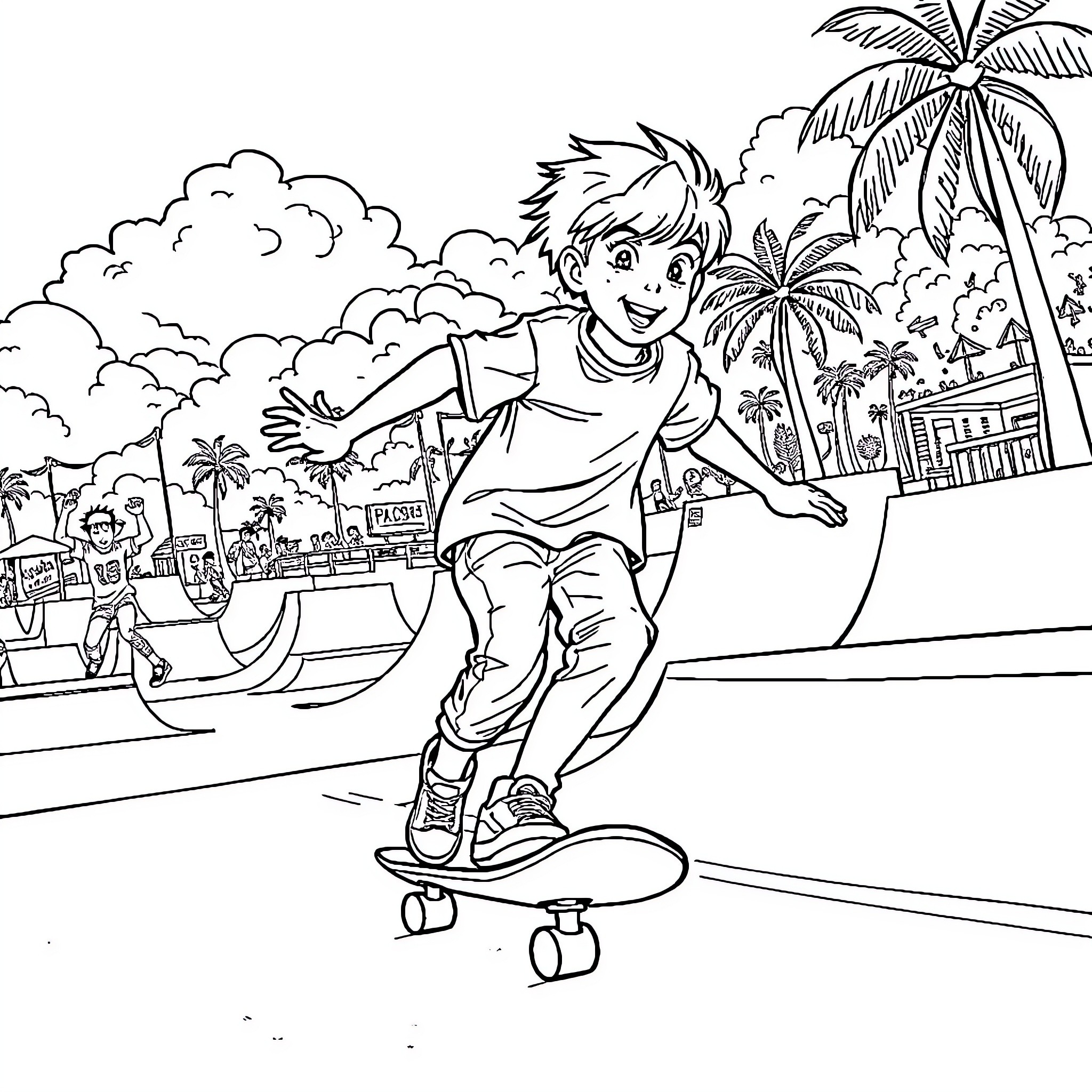 Boy skateboarding in a tropical beach town Coloring Page (free black-and-white line drawing printable PDF for all, from beginners to advanced learners, including children, teens, adults, and seniors)