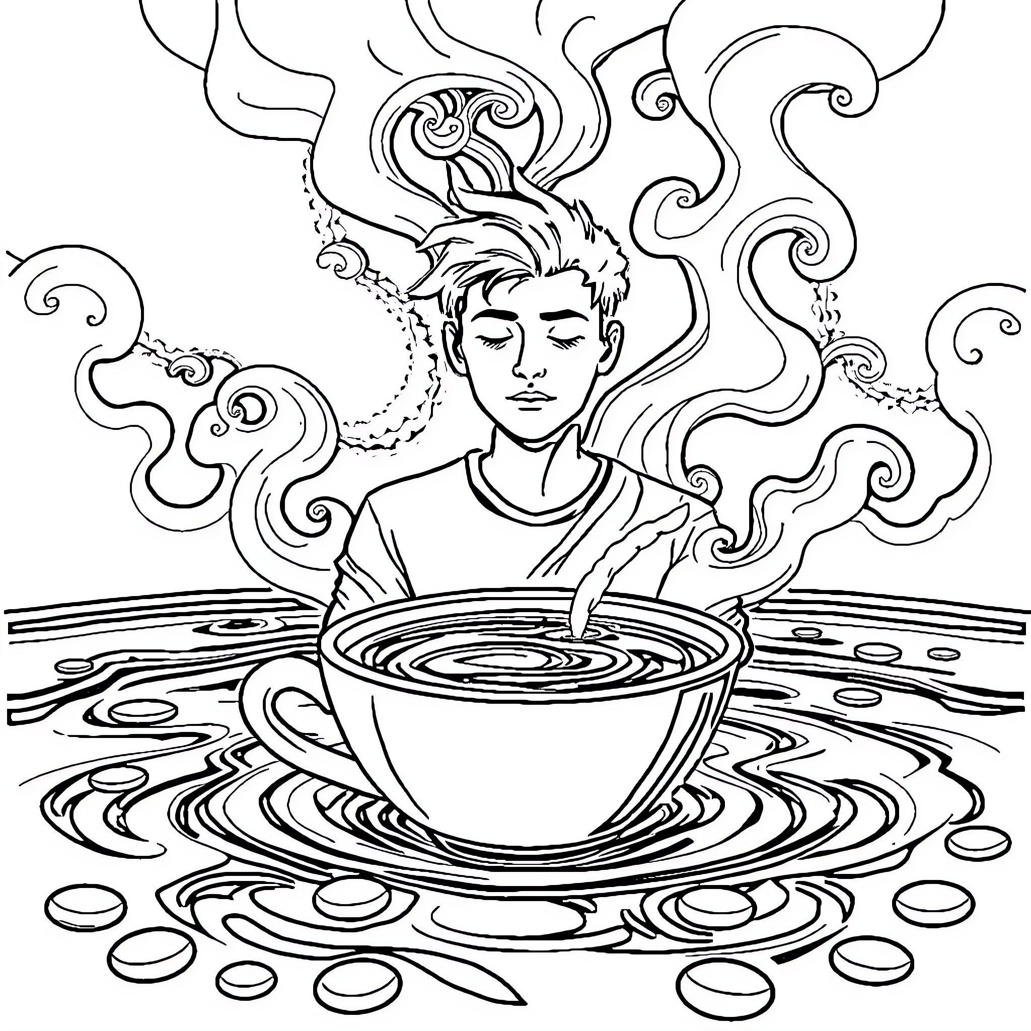 Coffee Dreaming in a Surreal Landscape Coloring Page (free black-and-white line drawing printable PDF for all, from beginners to advanced learners, including children, teens, adults, and seniors)