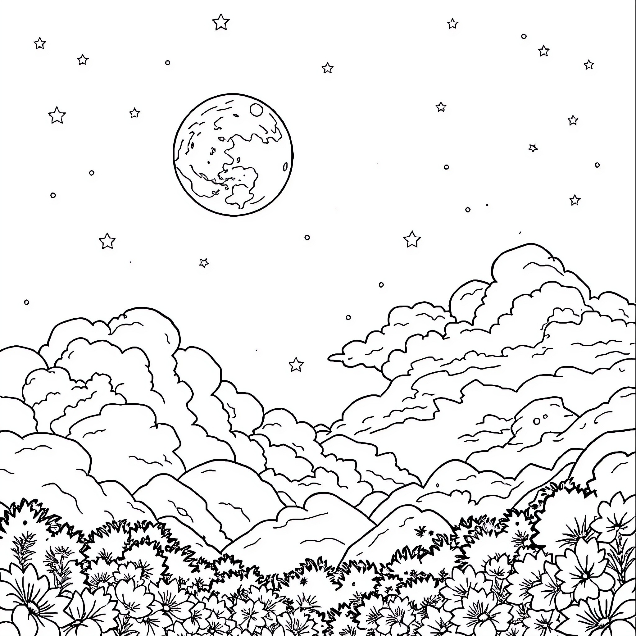 Moonlight over a tranquil night landscape Coloring Page (free black-and-white line drawing printable PDF for all, from beginners to advanced learners, including children, teens, adults, and seniors)