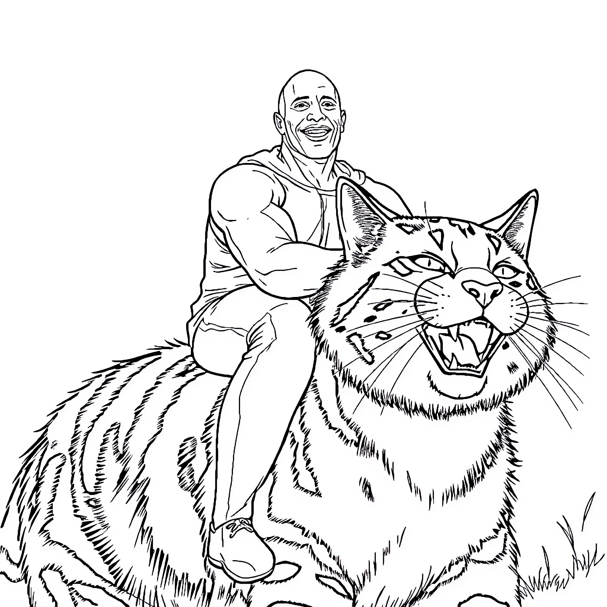 Dwayne Johnson playing with a ferocious tiger Coloring Page (free black-and-white line drawing printable PDF for all, from beginners to advanced learners, including children, teens, adults, and seniors)