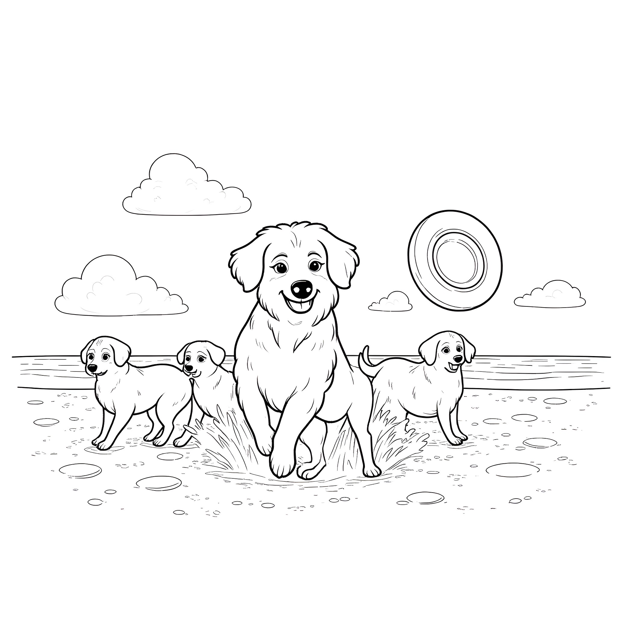Dog and puppies enjoying the outdoors Coloring Page (free black-and-white line drawing printable PDF for all, from beginners to advanced learners, including children, teens, adults, and seniors)