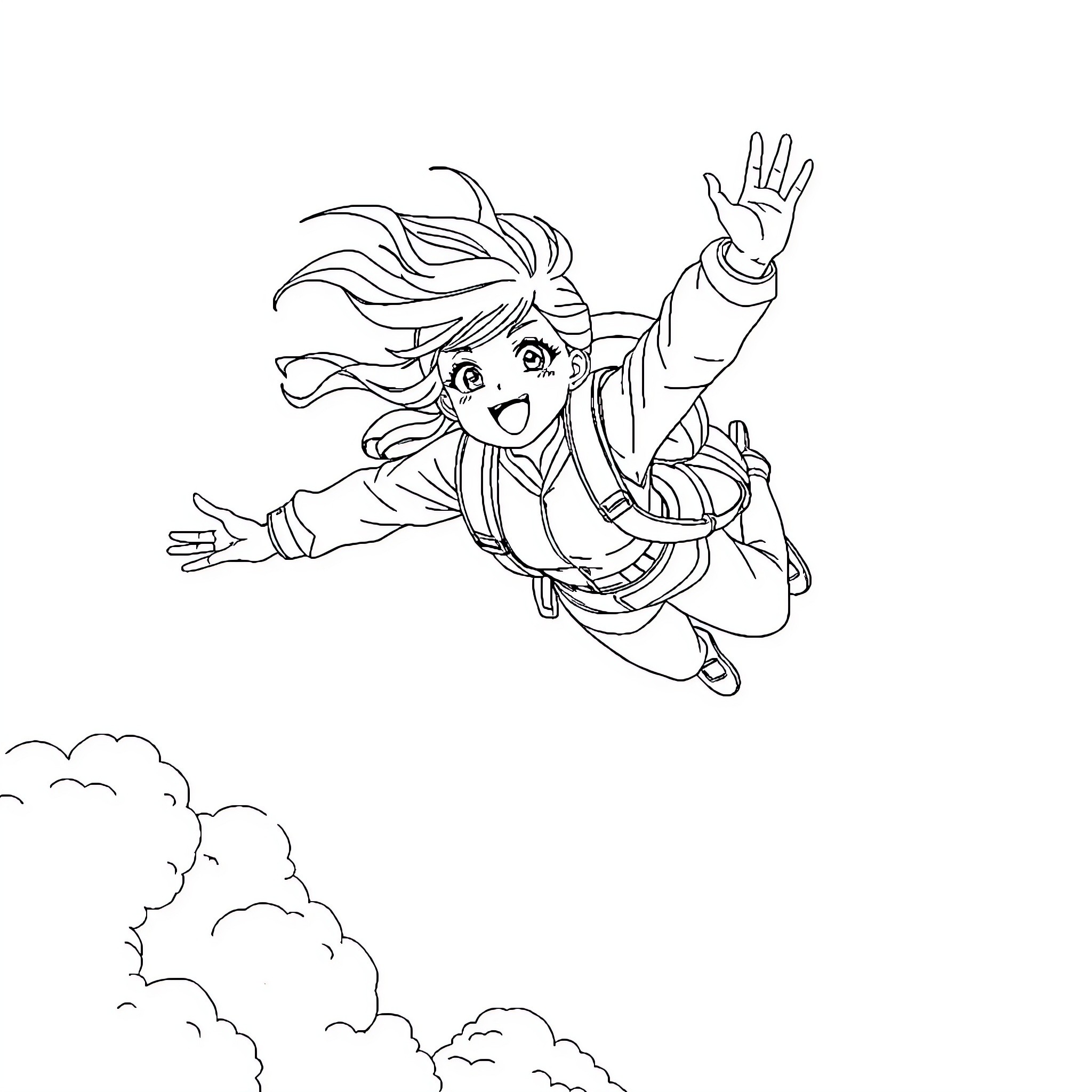Anime Girl Soaring Through the Clouds Coloring Page (free black-and-white line drawing printable PDF for all, from beginners to advanced learners, including children, teens, adults, and seniors)