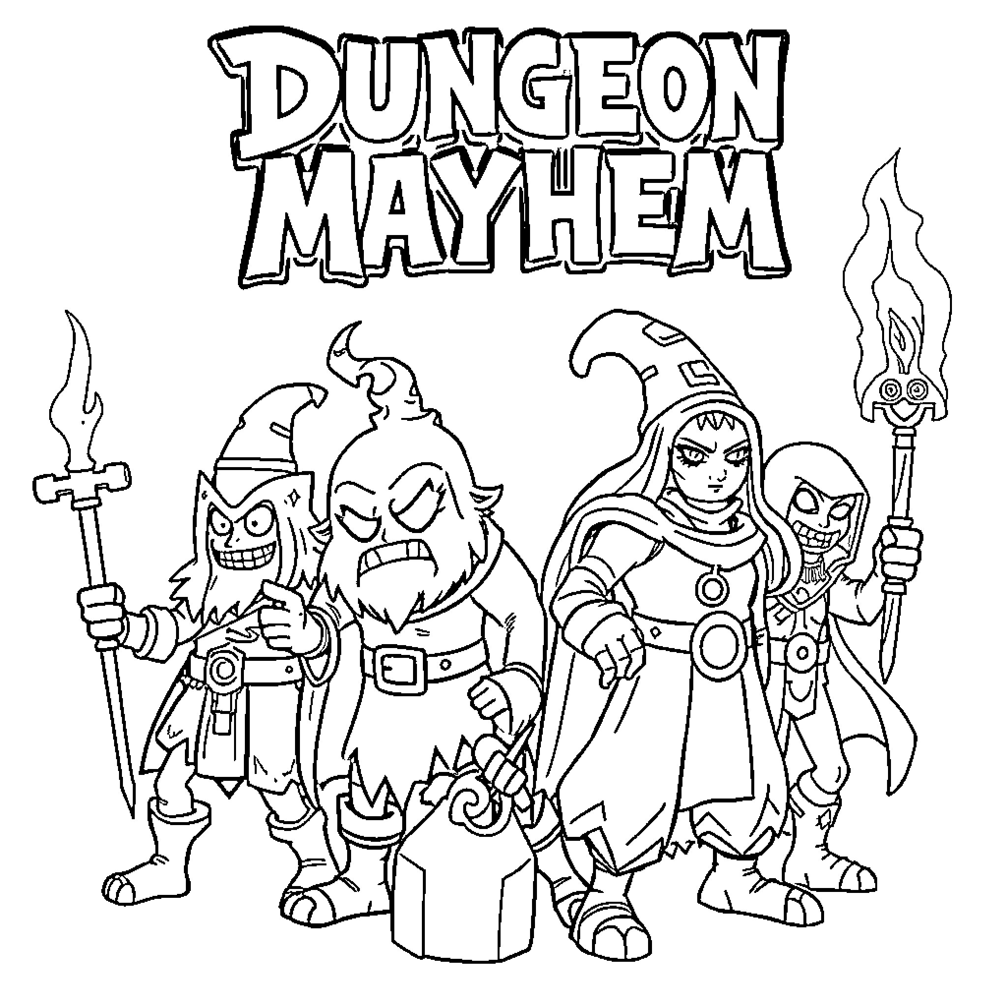 Dungeon Mayhem: Adventurers Gathered for a Quest Coloring Page (free black-and-white line drawing printable PDF for all, from beginners to advanced learners, including children, teens, adults, and seniors)