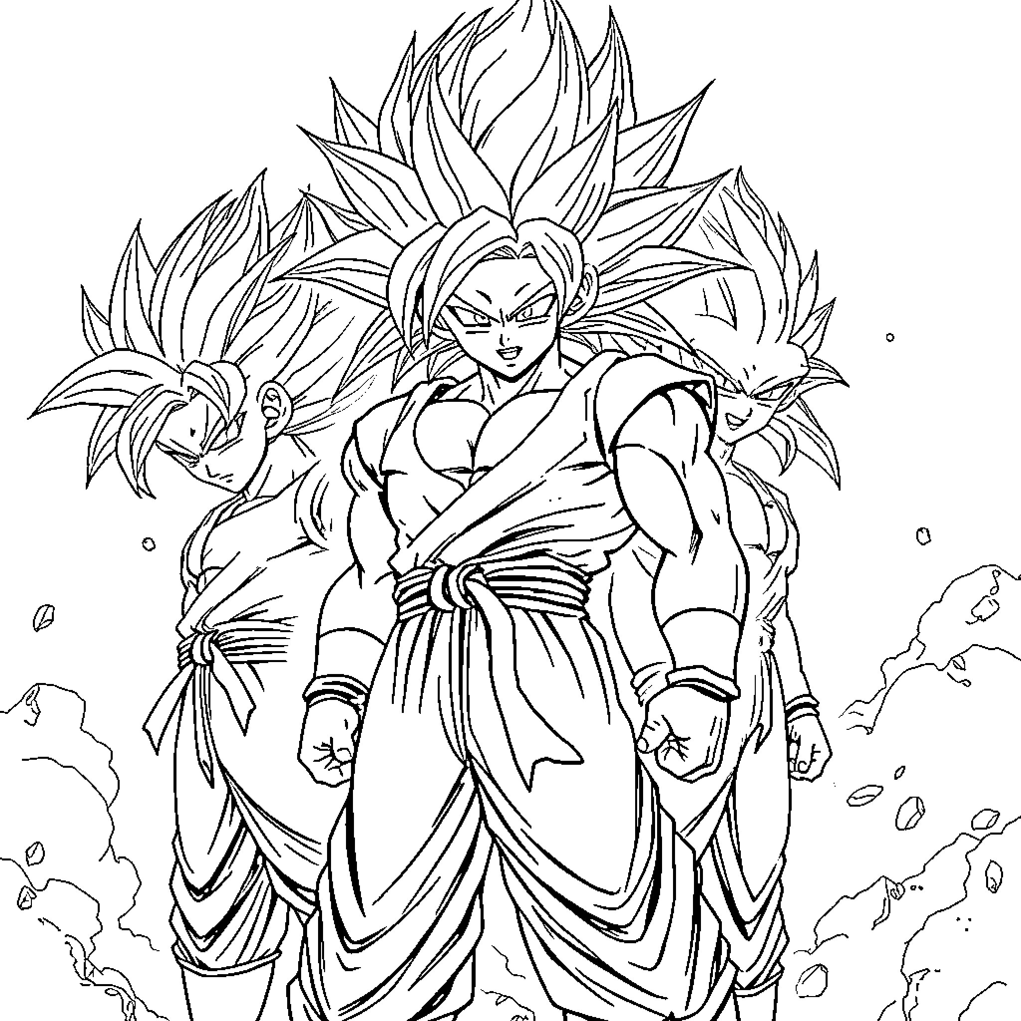 Super Saiyan Warriors Unleash Fierce Power Coloring Page (free black-and-white line drawing printable PDF for all, from beginners to advanced learners, including children, teens, adults, and seniors)