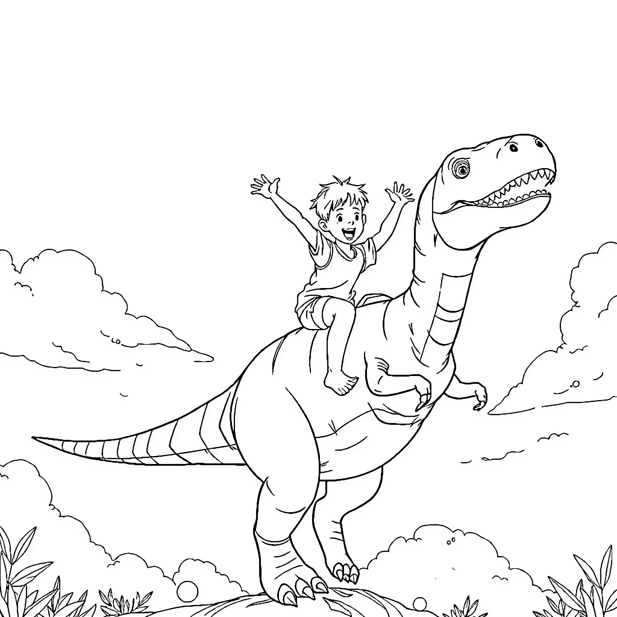 Boy riding a playful dinosaur in the outdoors Coloring Page (free black-and-white line drawing printable PDF for all, from beginners to advanced learners, including children, teens, adults, and seniors)