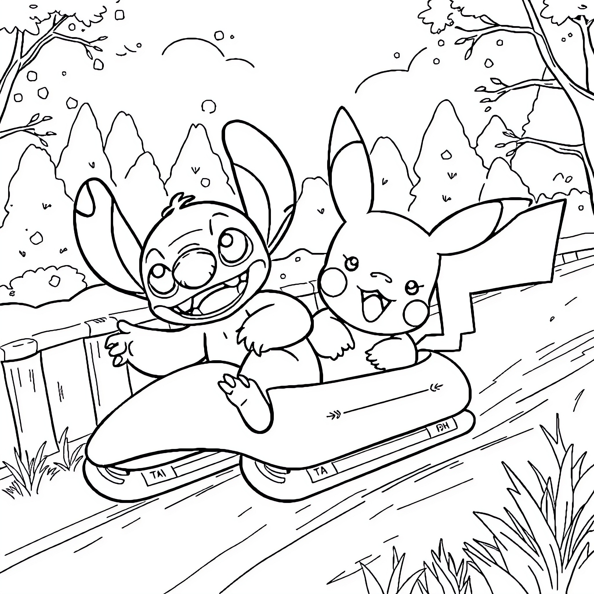 Stitch and Pikachu racing on a sled through the snow Coloring Page (free black-and-white line drawing printable PDF for all, from beginners to advanced learners, including children, teens, adults, and seniors)