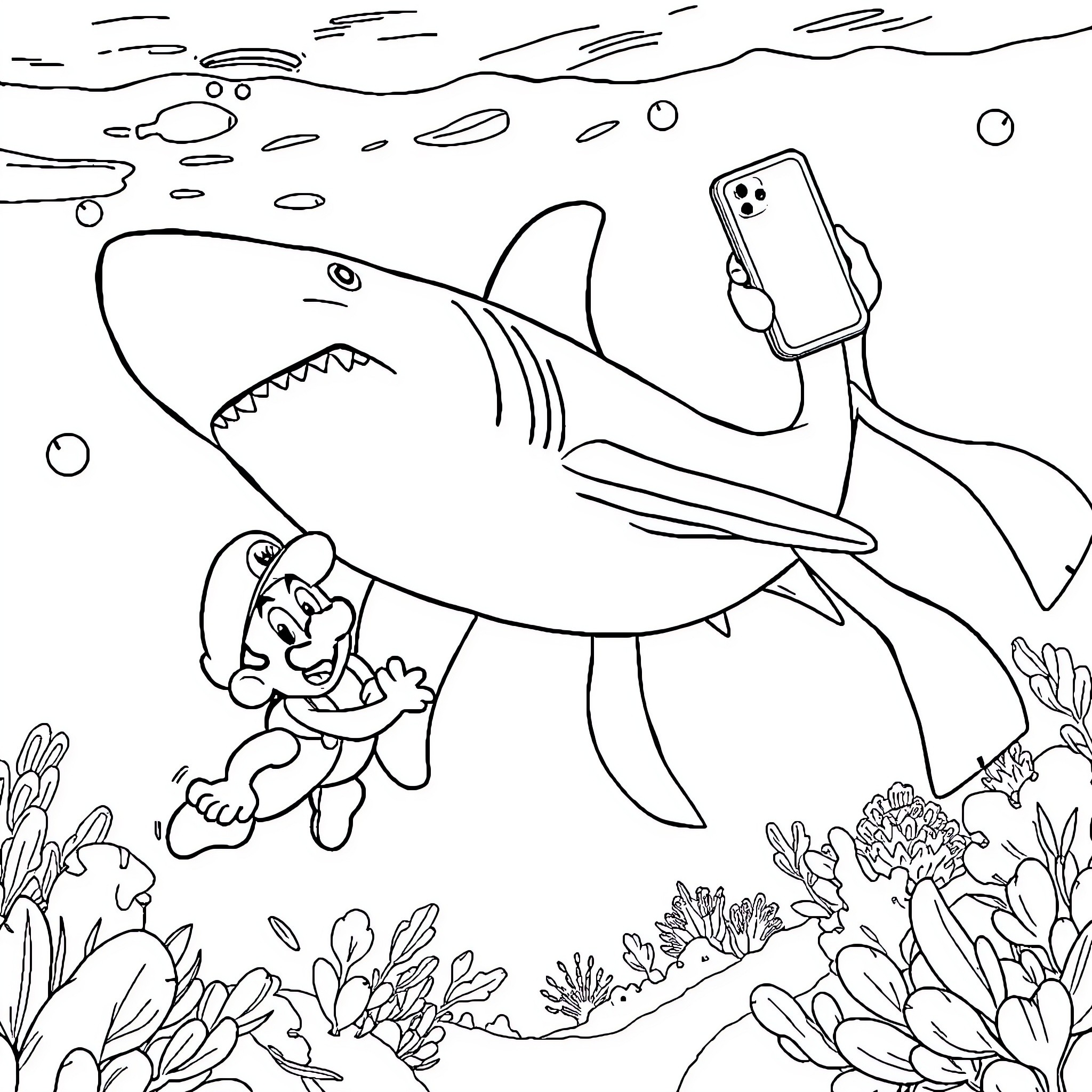 Luigi's Underwater Adventure with a Shark Coloring Page (free black-and-white line drawing printable PDF for all, from beginners to advanced learners, including children, teens, adults, and seniors)