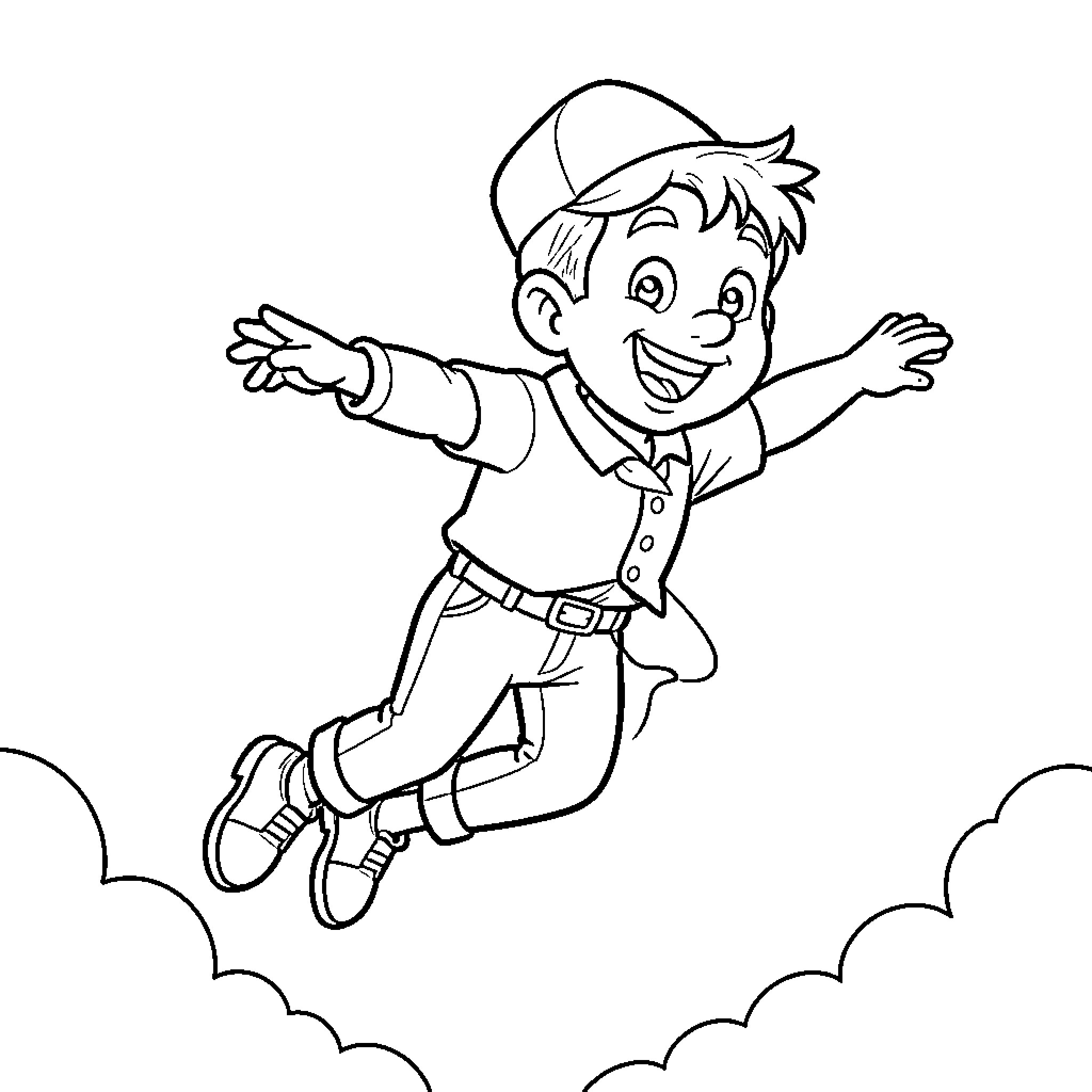 Willy happily jumping in the air Coloring Page (free black-and-white line drawing printable PDF for all, from beginners to advanced learners, including children, teens, adults, and seniors)
