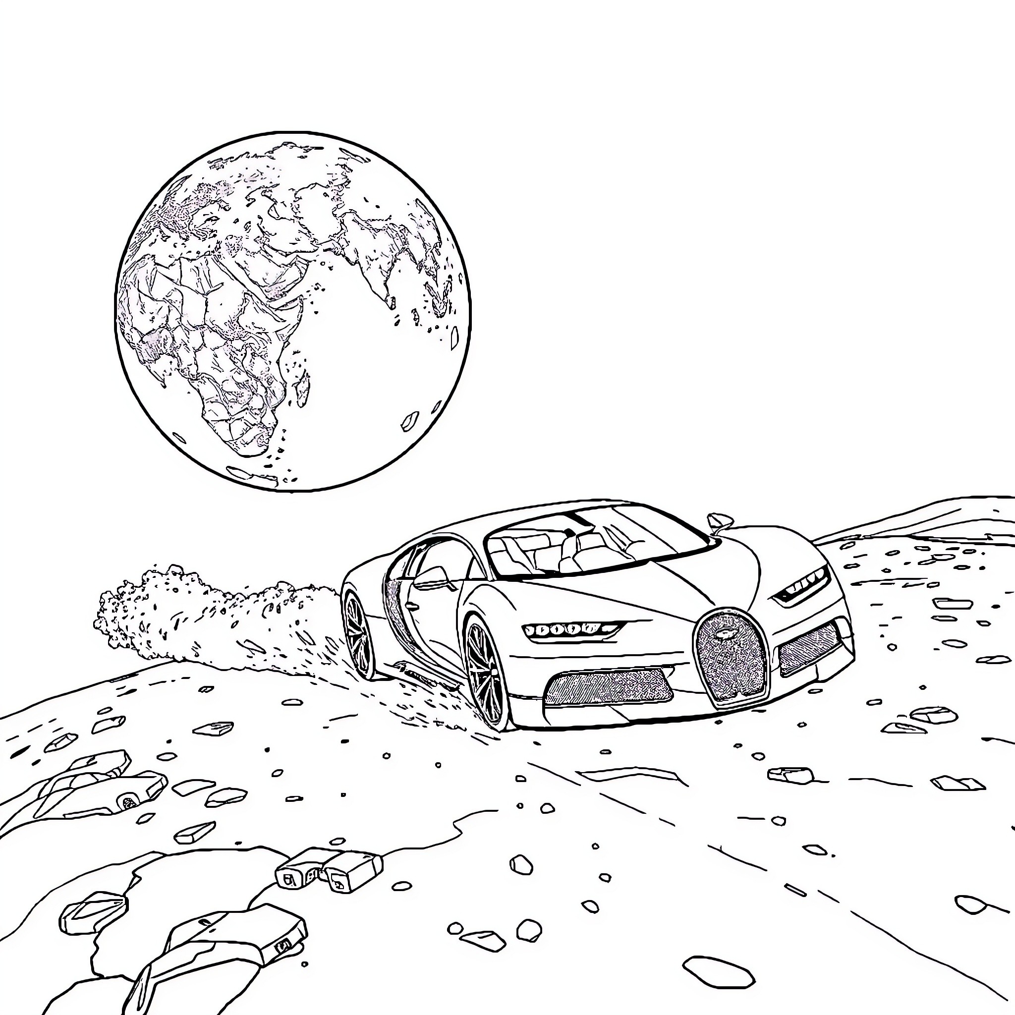 Bugatti supercar speeding through desert landscape Coloring Page (free black-and-white line drawing printable PDF for all, from beginners to advanced learners, including children, teens, adults, and seniors)