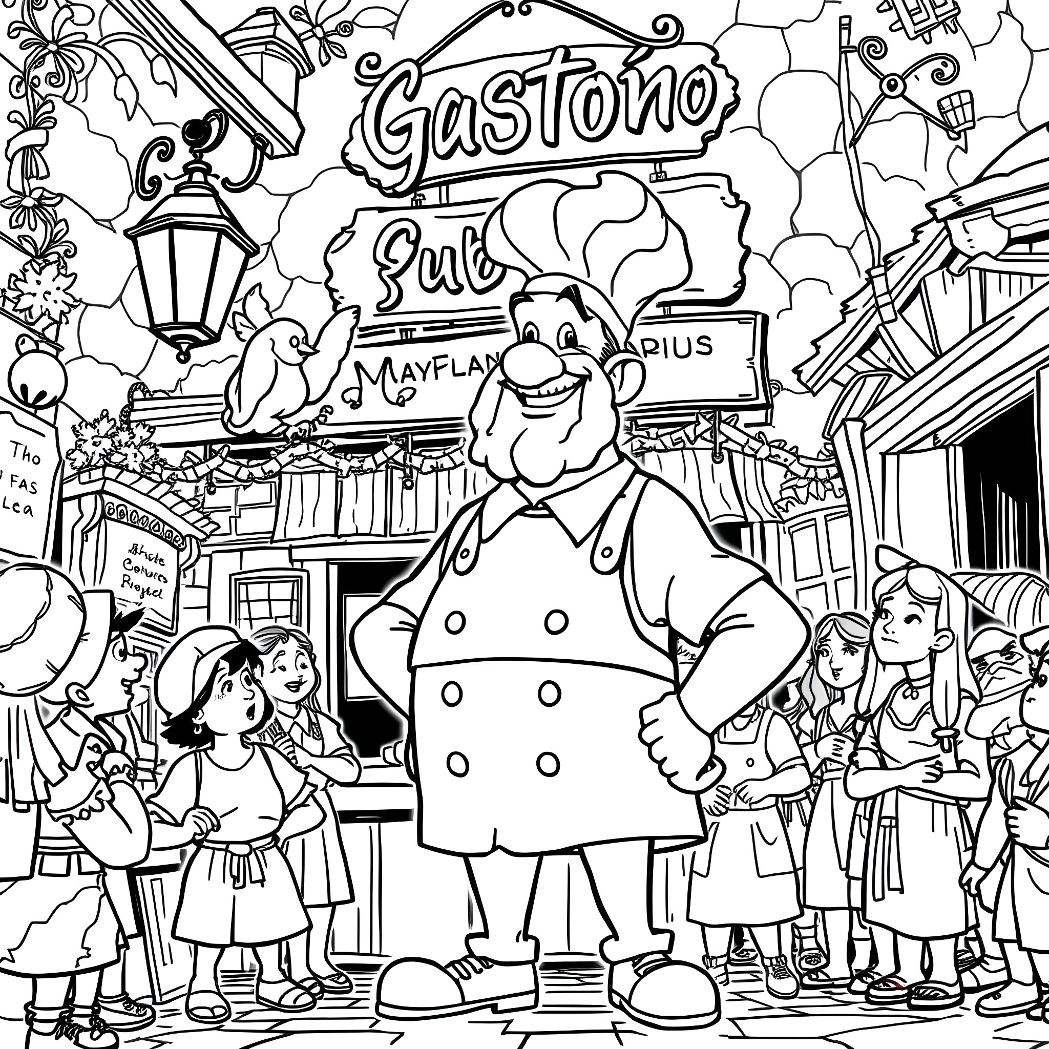 Gastón greeting people in a bustling marketplace Coloring Page (free black-and-white line drawing printable PDF for all, from beginners to advanced learners, including children, teens, adults, and seniors)