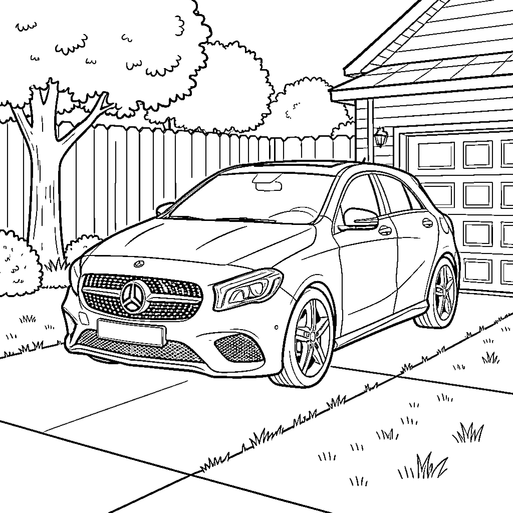 Mercedes parked in a driveway near a house Coloring Page (free black-and-white line drawing printable PDF for all, from beginners to advanced learners, including children, teens, adults, and seniors)