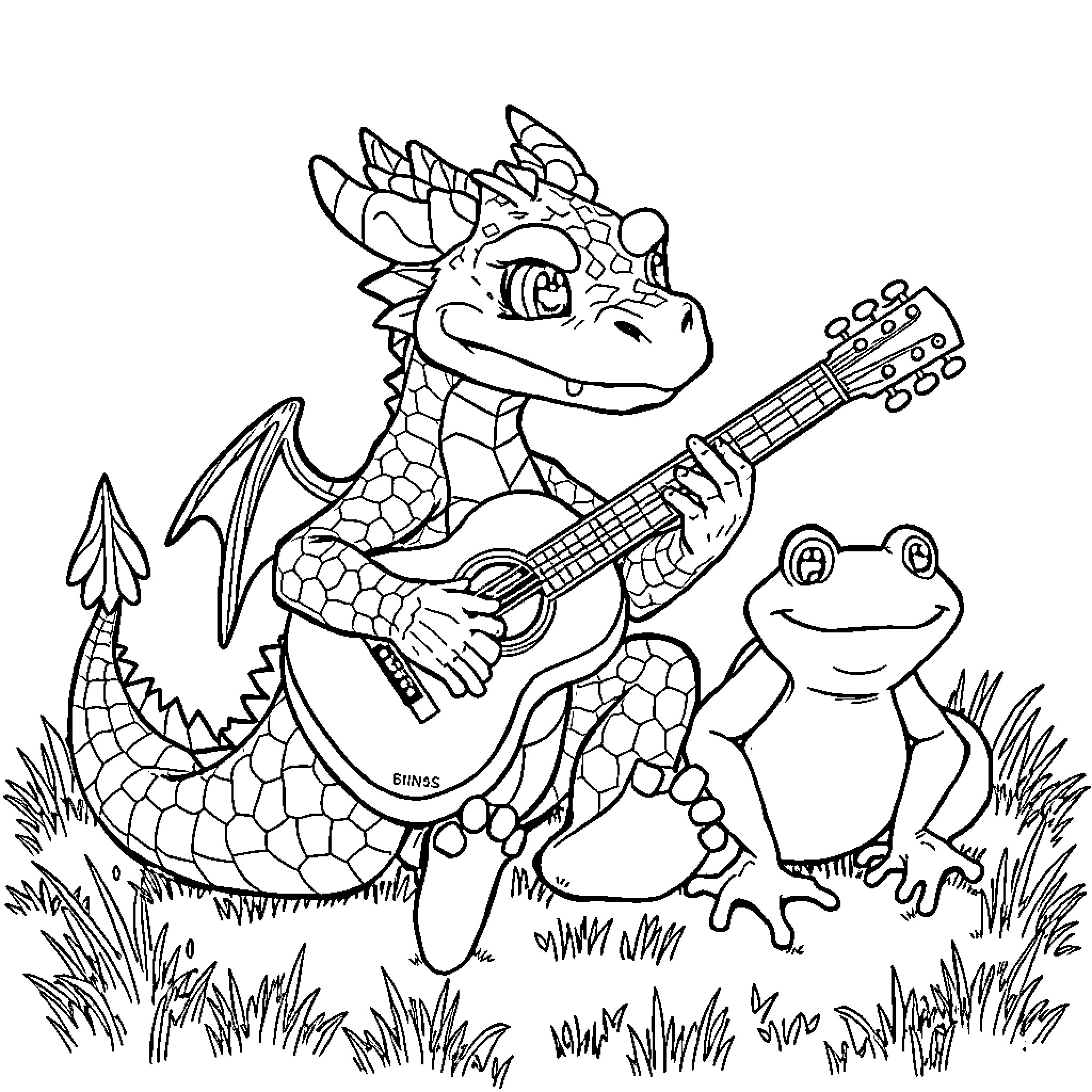Dragon playing guitar with frog companion Coloring Page (free black-and-white line drawing printable PDF for all, from beginners to advanced learners, including children, teens, adults, and seniors)