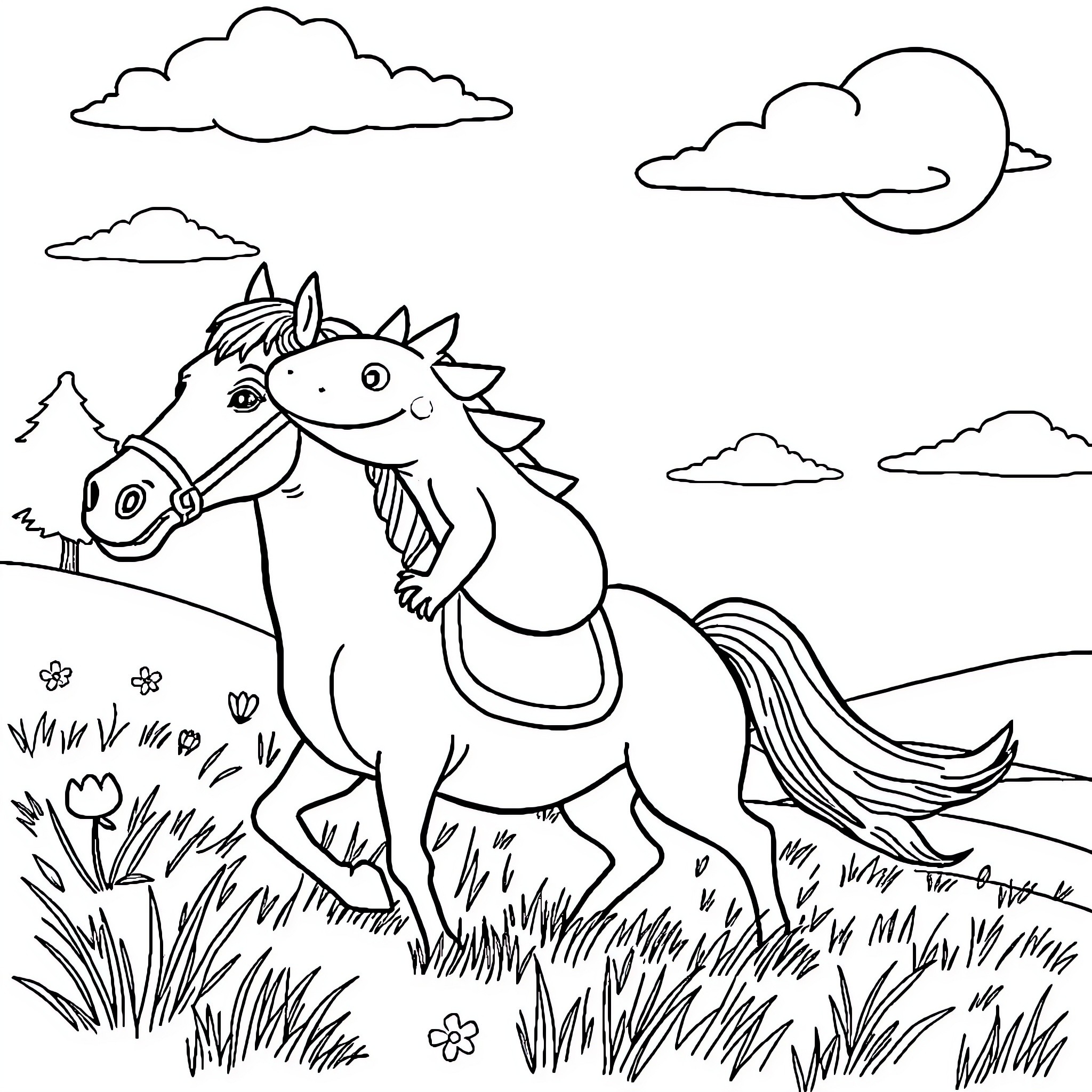 Axolotl-inspired horse in a grassy meadow Coloring Page (free black-and-white line drawing printable PDF for all, from beginners to advanced learners, including children, teens, adults, and seniors)