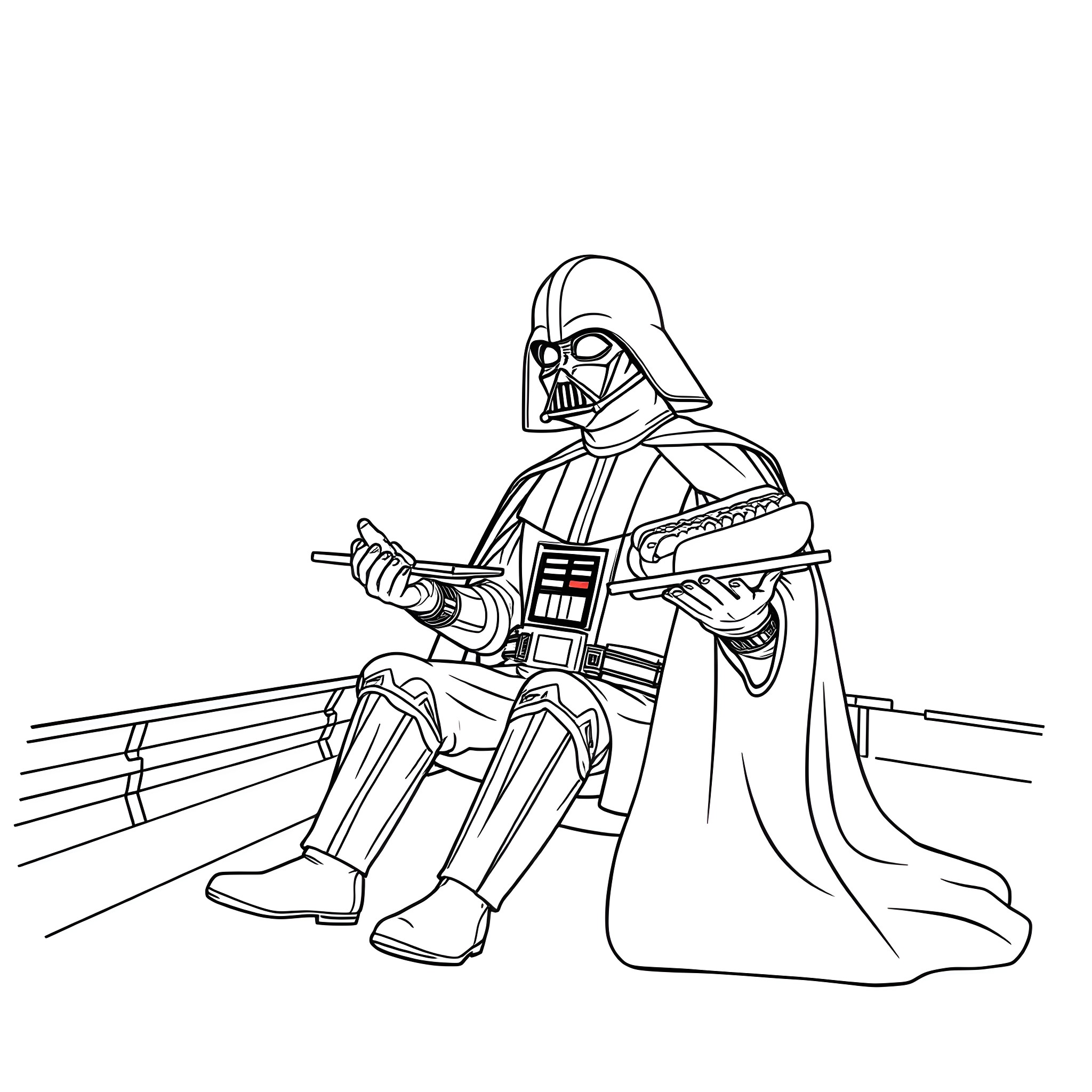 Darth Vader standing tall in his iconic costume Coloring Page (free black-and-white line drawing printable PDF for all, from beginners to advanced learners, including children, teens, adults, and seniors)