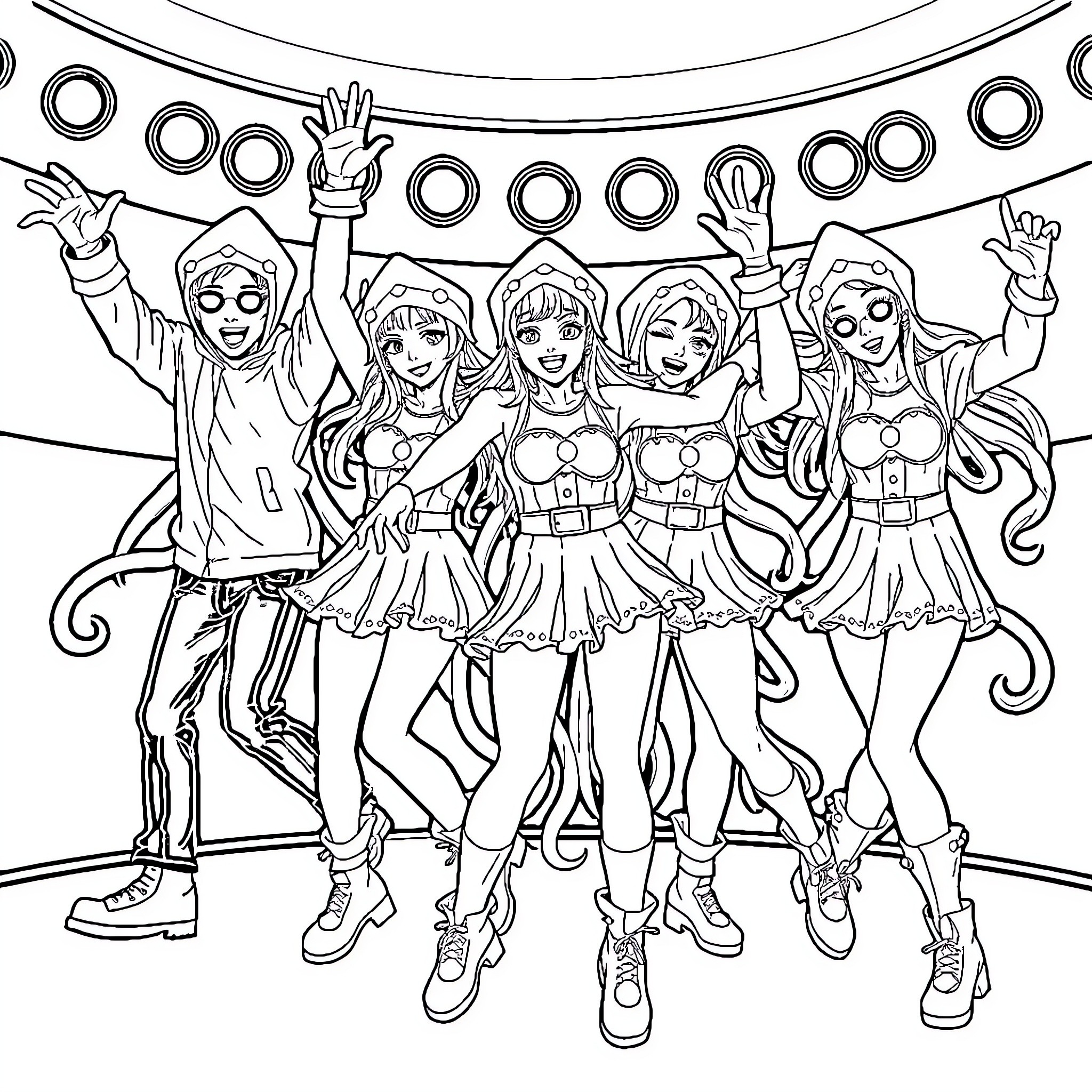 K Pop Performers Celebrating on Stage Coloring Page (free black-and-white line drawing printable PDF for all, from beginners to advanced learners, including children, teens, adults, and seniors)
