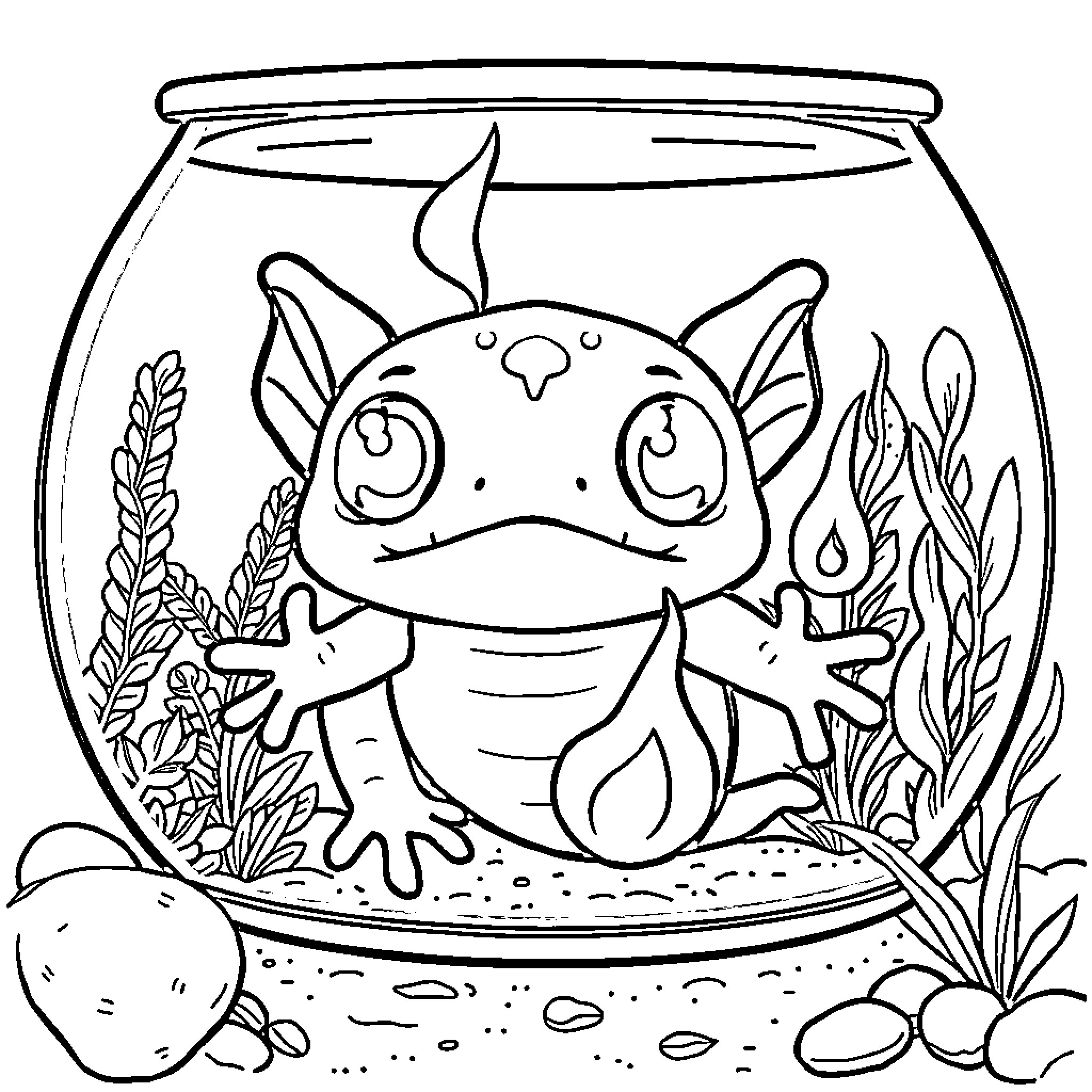 Axolotl enjoying a cozy aquarium Coloring Page (free black-and-white line drawing printable PDF for all, from beginners to advanced learners, including children, teens, adults, and seniors)
