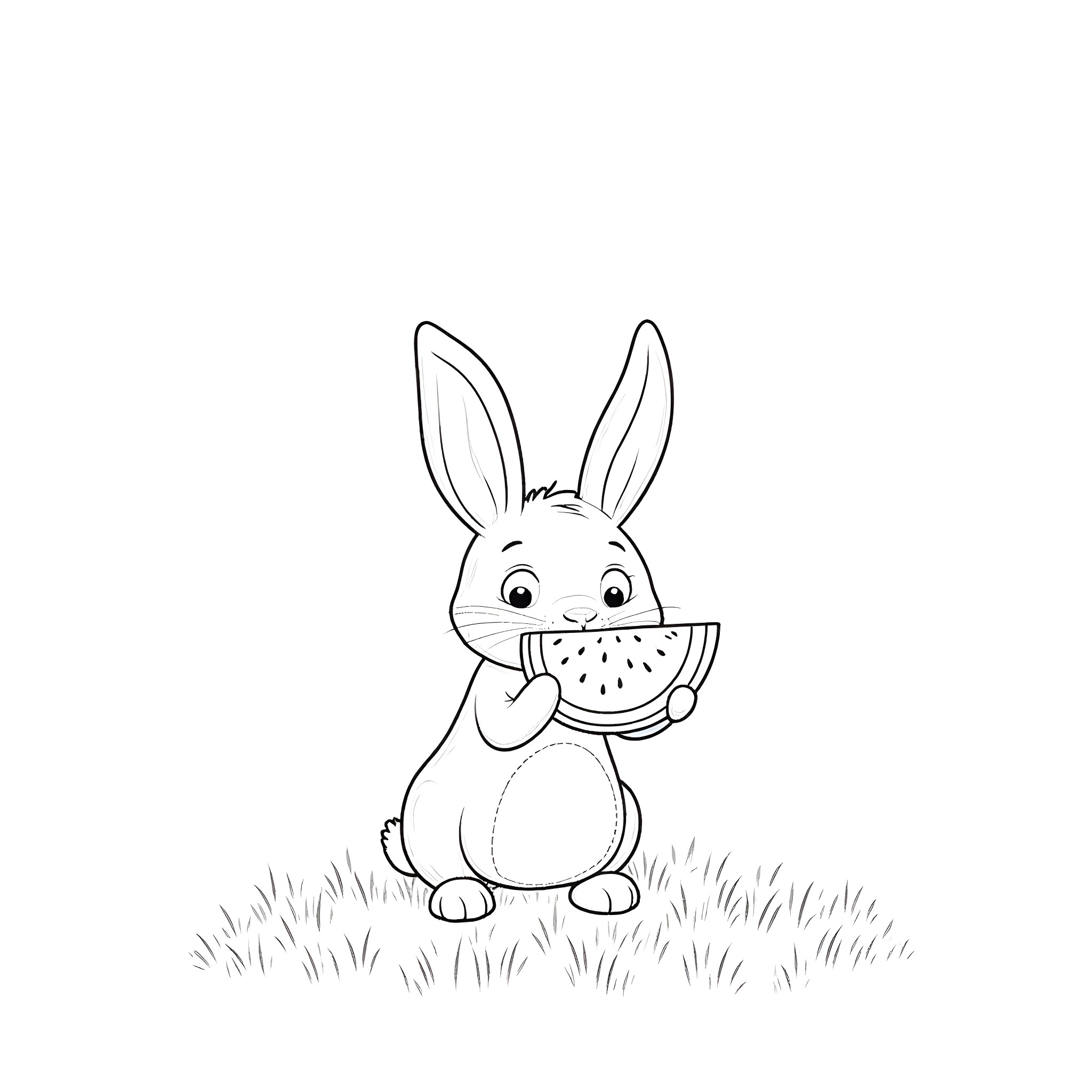 Rabbit enjoying a tasty watermelon snack Coloring Page (free black-and-white line drawing printable PDF for all, from beginners to advanced learners, including children, teens, adults, and seniors)