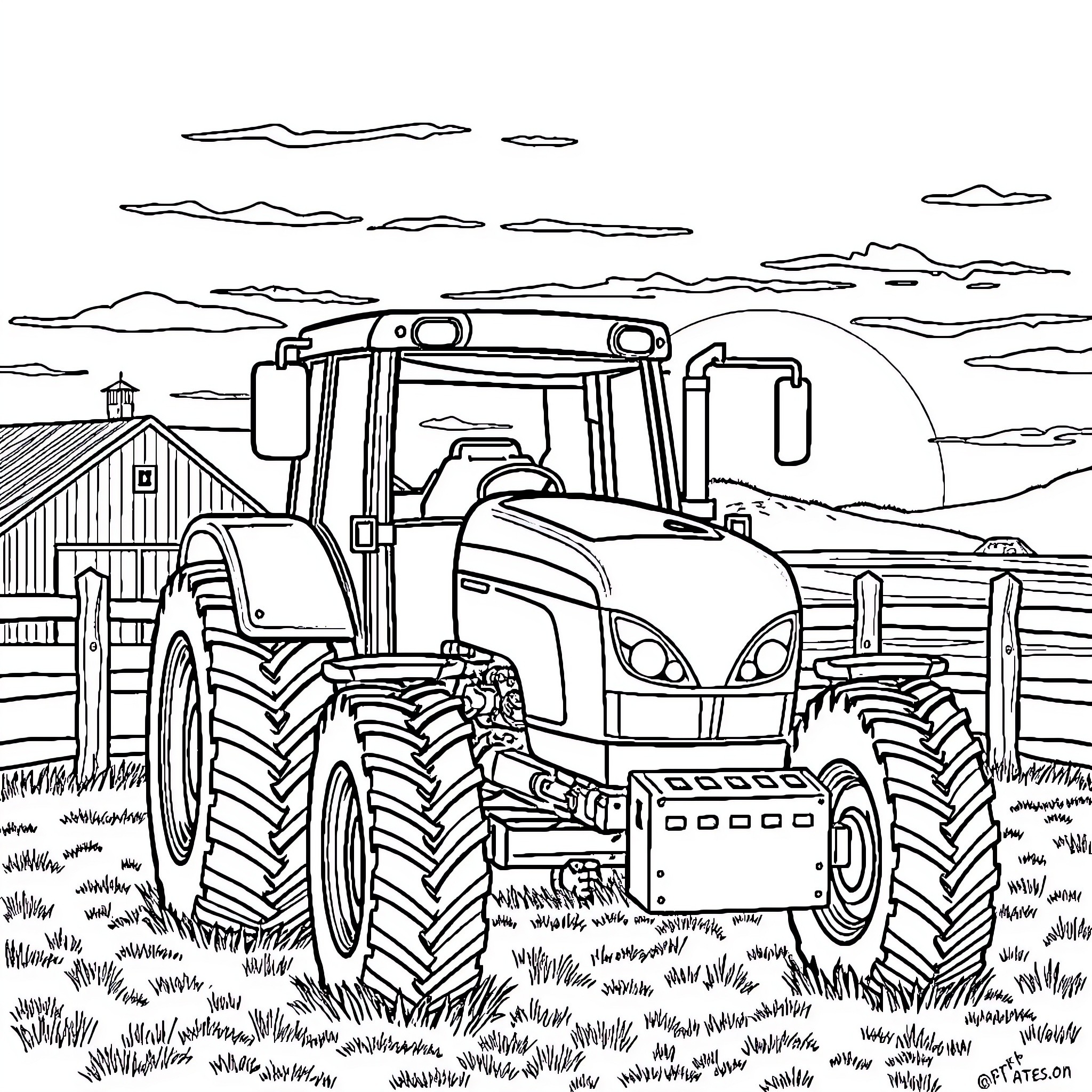 Tractor working in the countryside Coloring Page (free black-and-white line drawing printable PDF for all, from beginners to advanced learners, including children, teens, adults, and seniors)