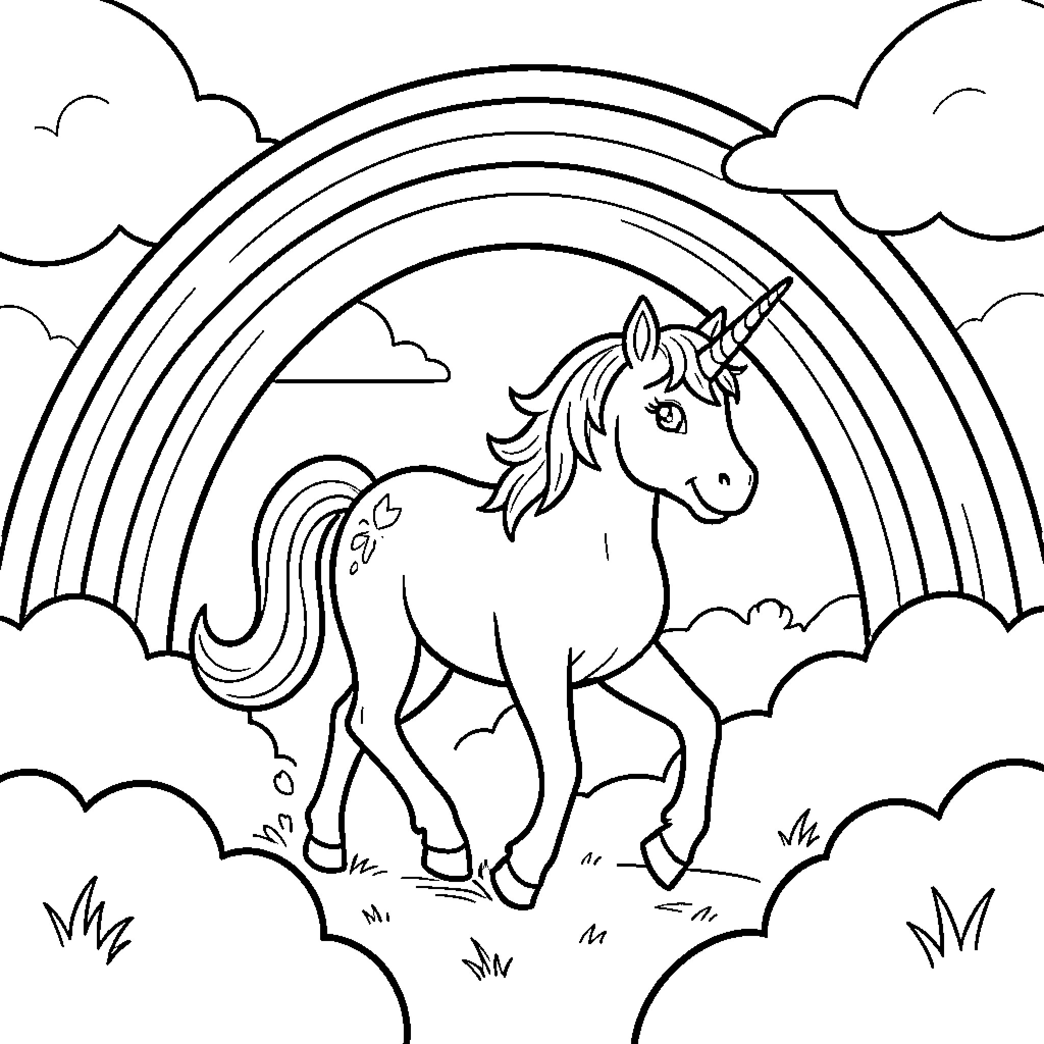Unicorn walking gracefully under a large rainbow Coloring Page (free black-and-white line drawing printable PDF for all, from beginners to advanced learners, including children, teens, adults, and seniors)