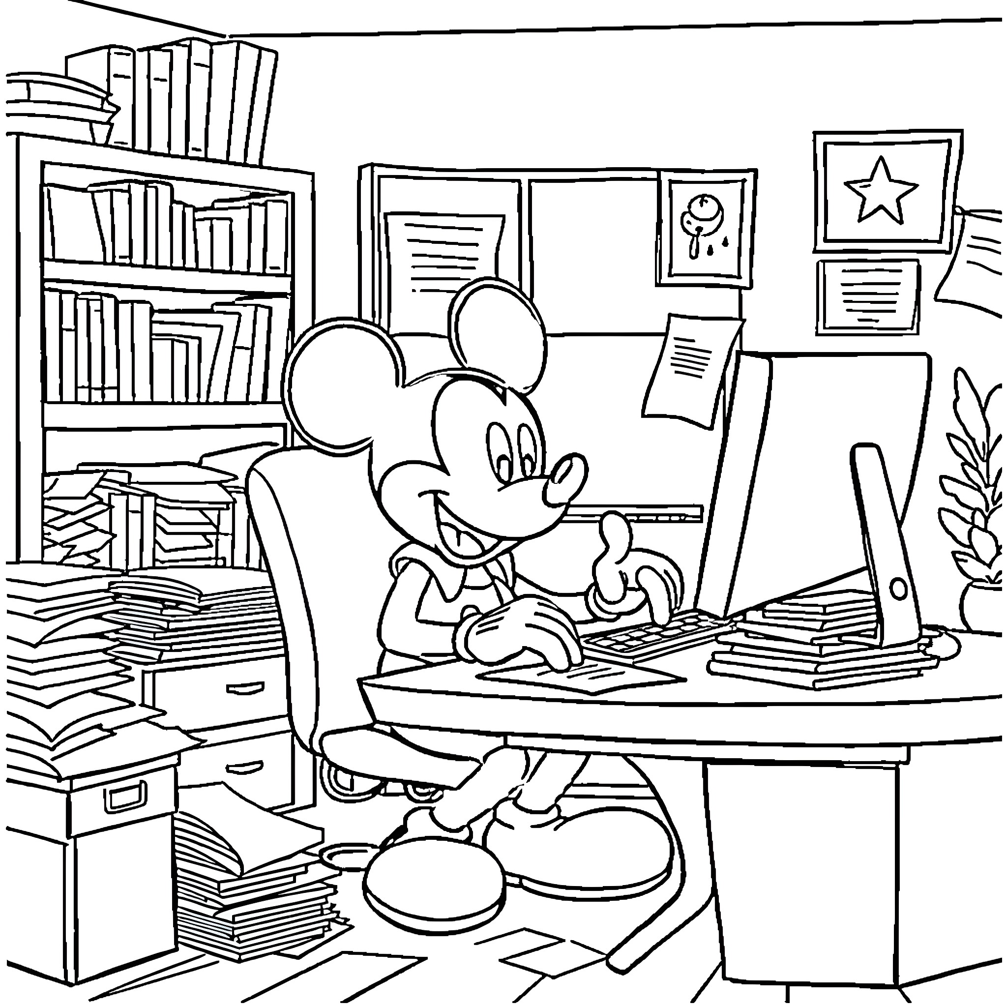 Mickey Mouse working diligently at his desk Coloring Page (free black-and-white line drawing printable PDF for all, from beginners to advanced learners, including children, teens, adults, and seniors)