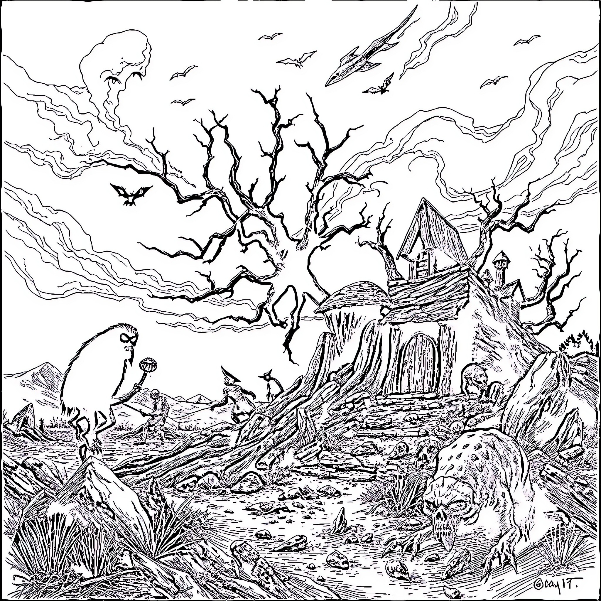 Trevor Henderson's Haunted Landscape with Spooky Creatures Coloring Page (free black-and-white line drawing printable PDF for all, from beginners to advanced learners, including children, teens, adults, and seniors)