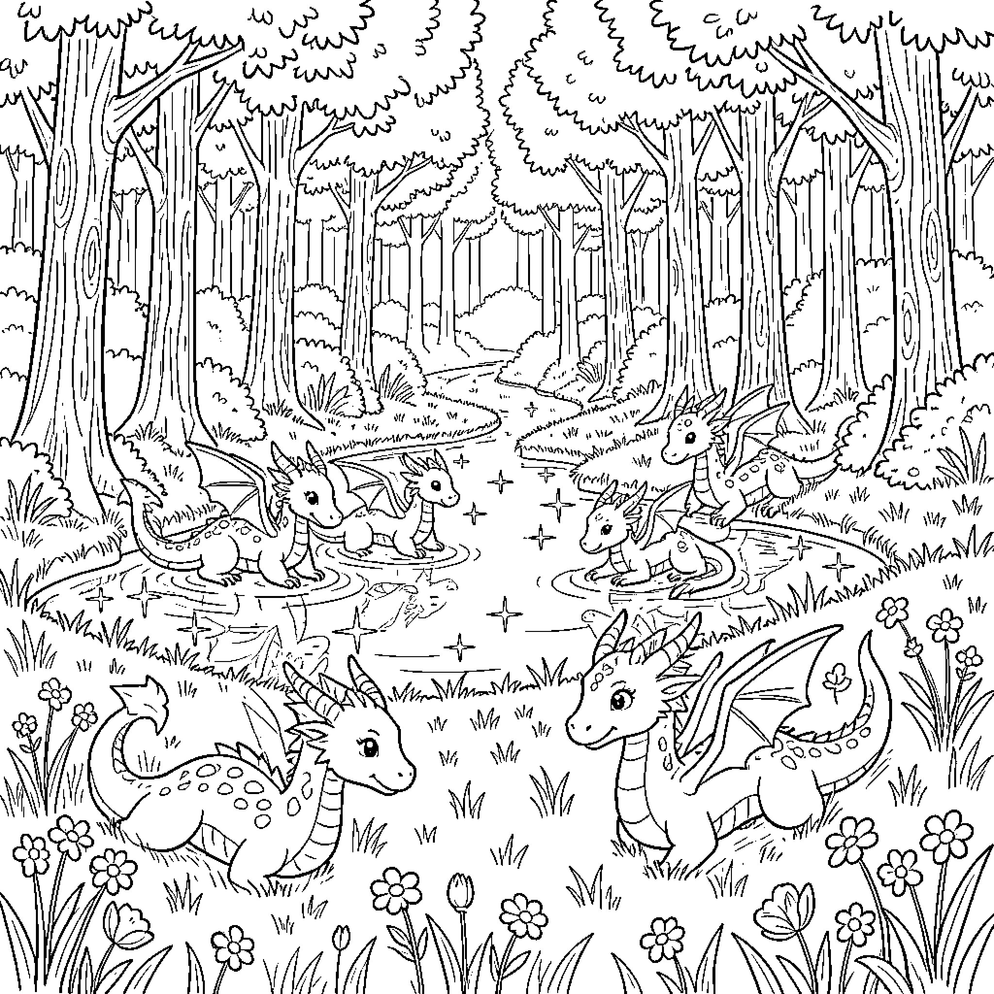 Dragon group playing together in a forest clearing Coloring Page (free black-and-white line drawing printable PDF for all, from beginners to advanced learners, including children, teens, adults, and seniors)