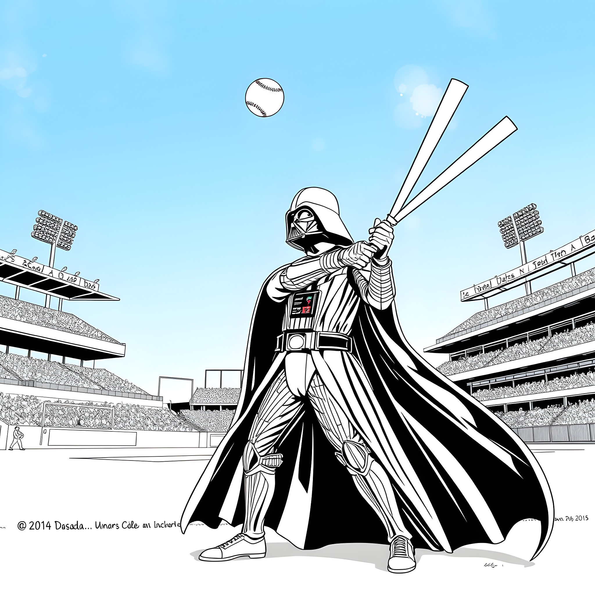 Darth Vader batting at baseball in sports stadium Coloring Page (free black-and-white line drawing printable PDF for all, from beginners to advanced learners, including children, teens, adults, and seniors)