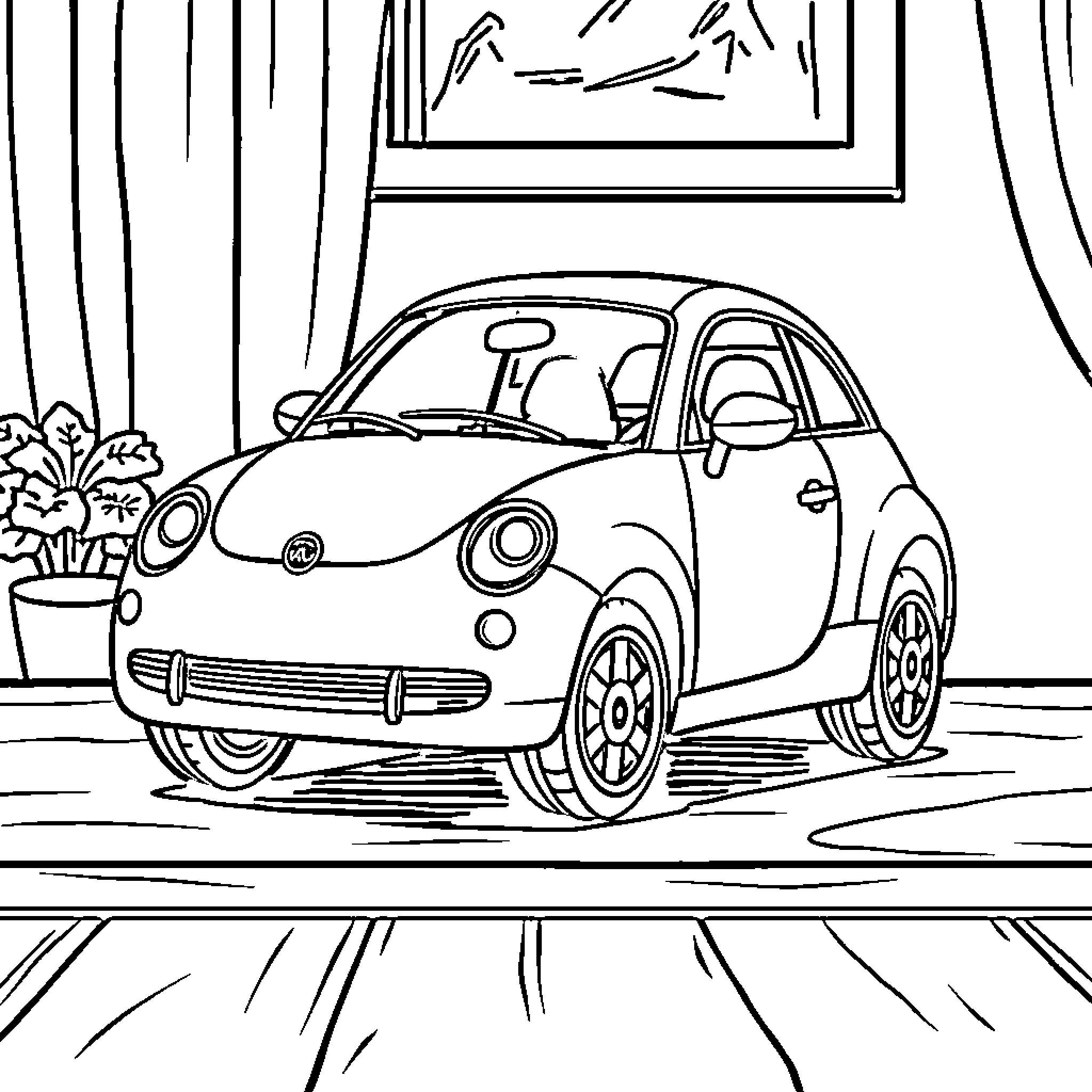 Toy Car in a Cozy Room Coloring Page (free black-and-white line drawing printable PDF for all, from beginners to advanced learners, including children, teens, adults, and seniors)