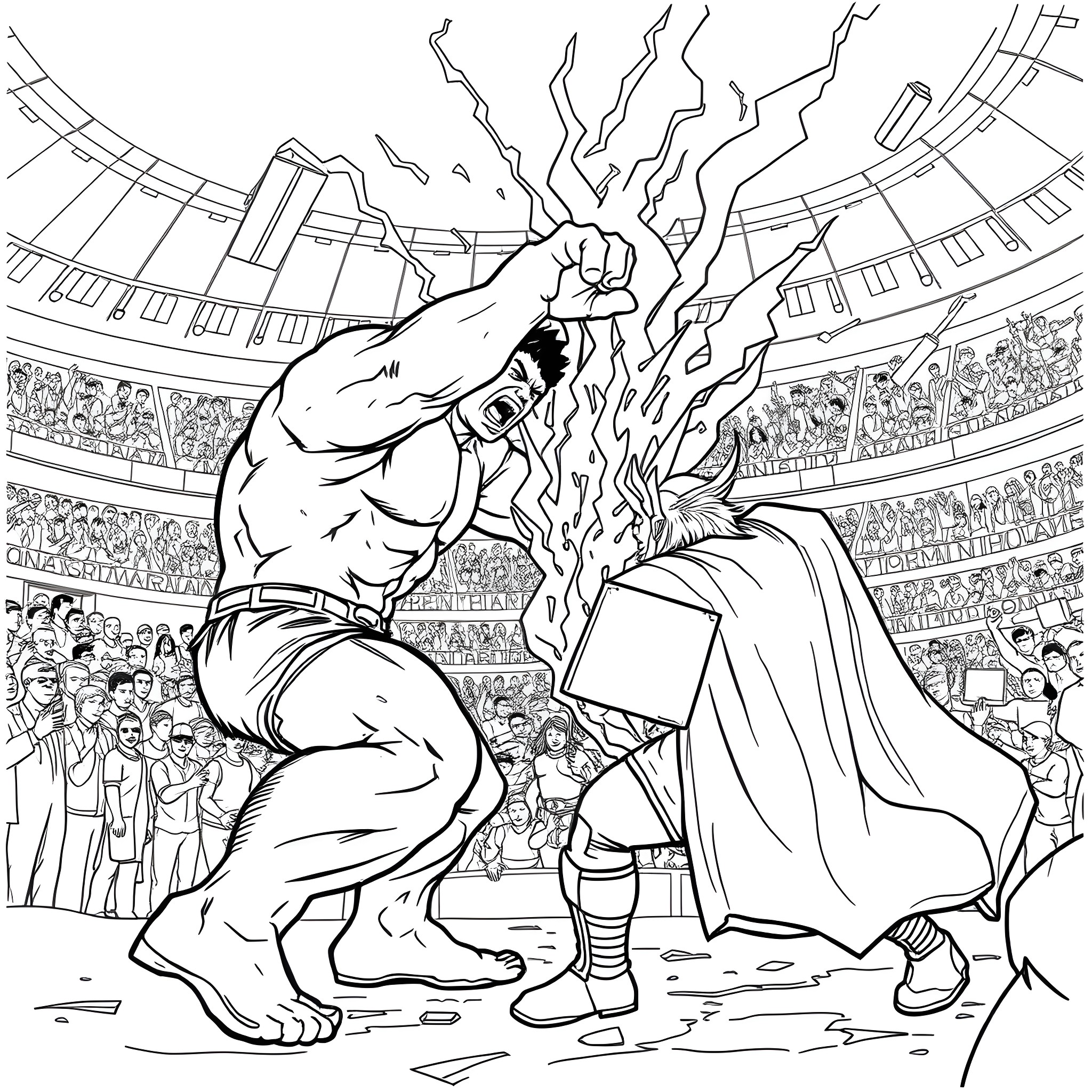 Hulk Smashing Through Opponents in an Arena Coloring Page (free black-and-white line drawing printable PDF for all, from beginners to advanced learners, including children, teens, adults, and seniors)