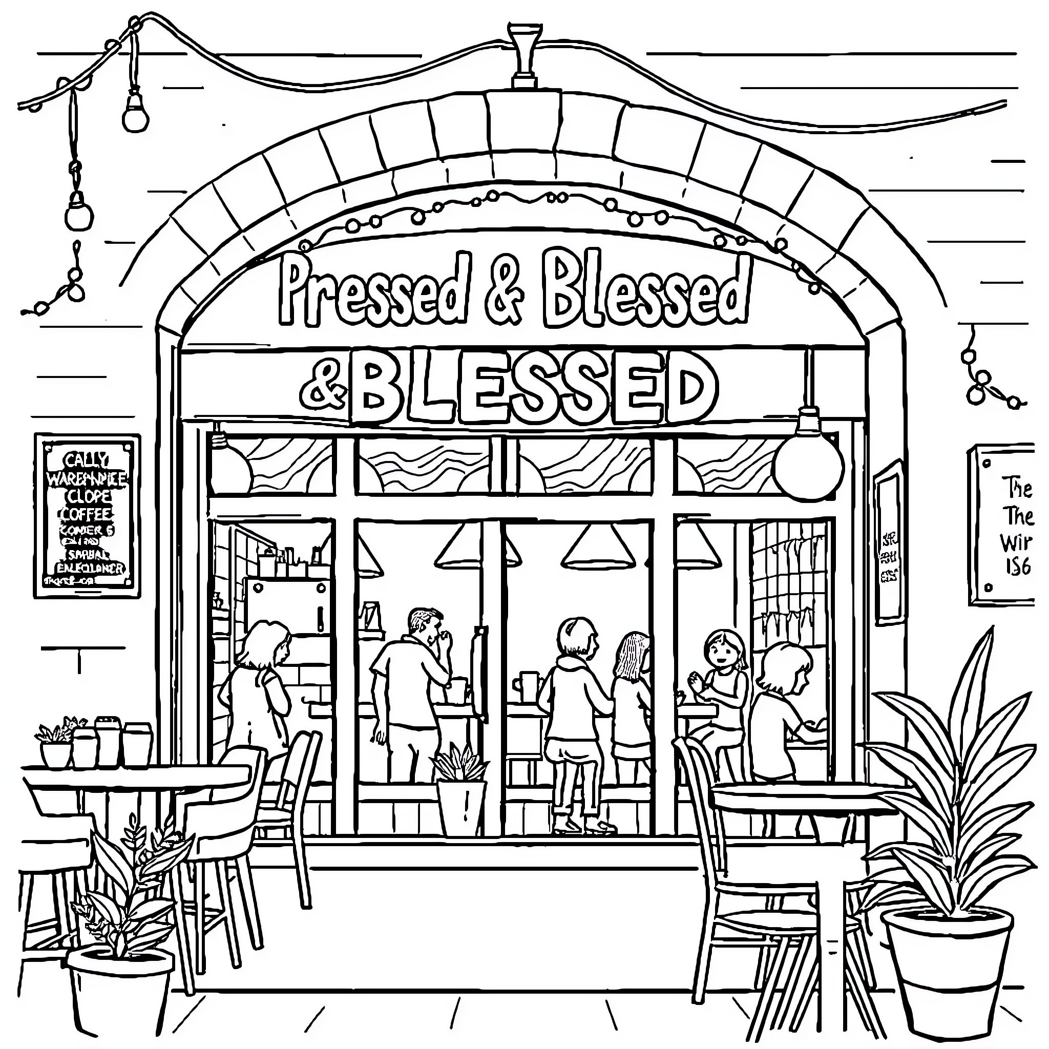 Pressed & Blessed: A Cozy Cafe Scene Coloring Page (free black-and-white line drawing printable PDF for all, from beginners to advanced learners, including children, teens, adults, and seniors)