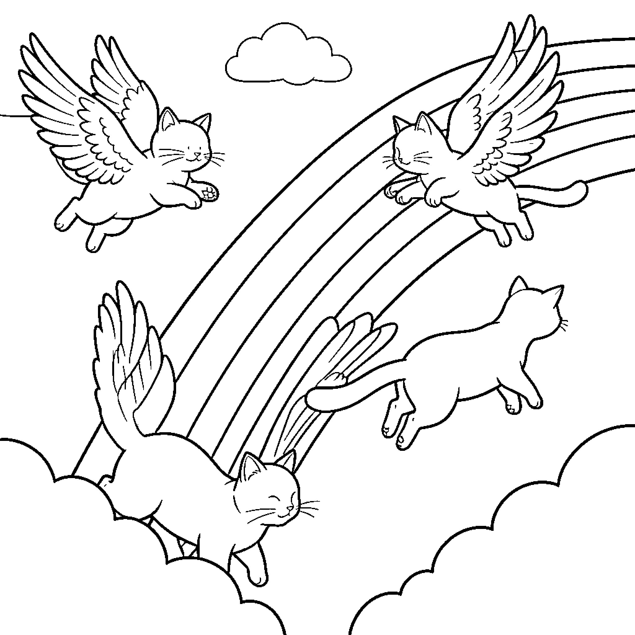 Gato cats flying with rainbows in the sky Coloring Page (free black-and-white line drawing printable PDF for all, from beginners to advanced learners, including children, teens, adults, and seniors)
