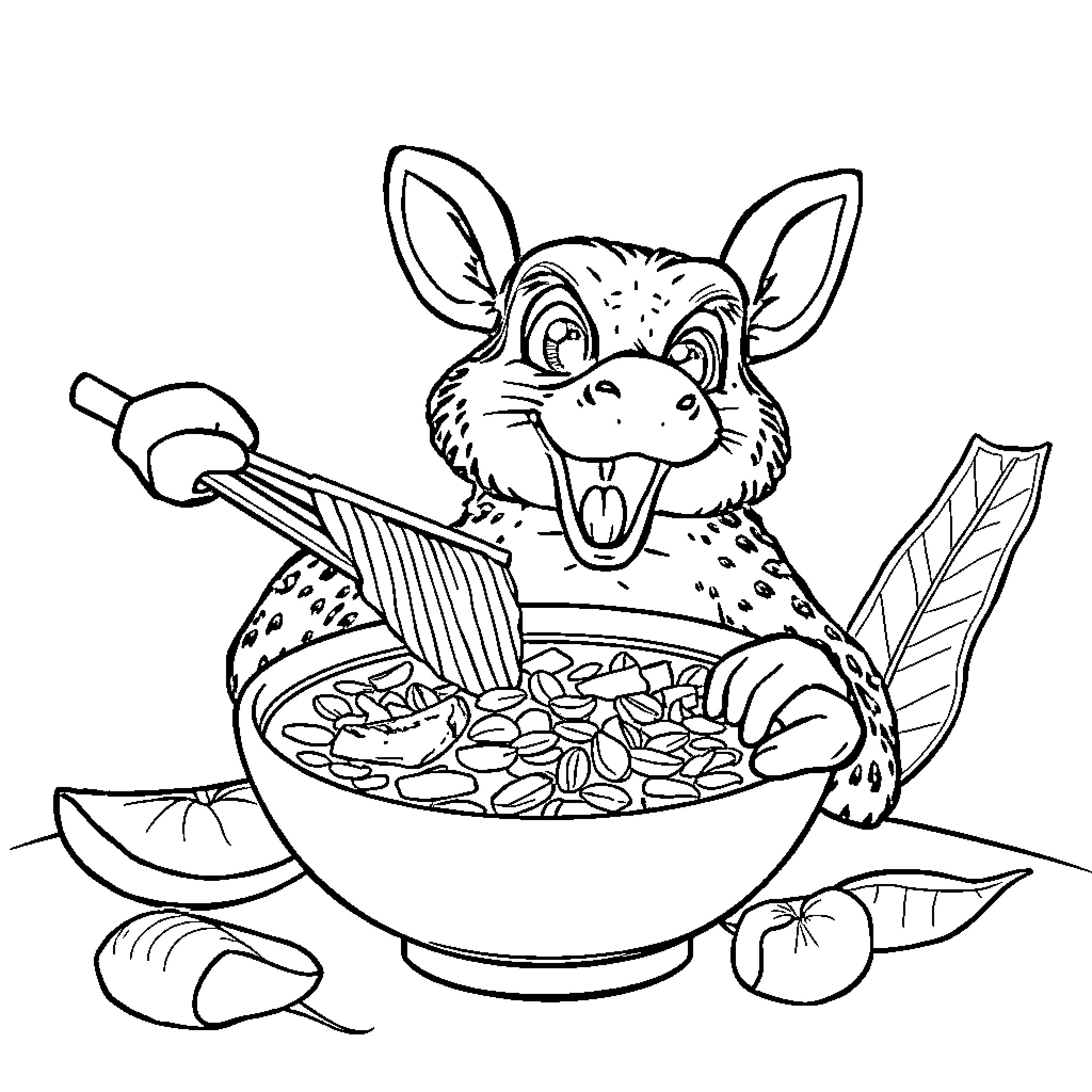 Ternurin Rabbit Enjoying a Hearty Meal Coloring Page (free black-and-white line drawing printable PDF for all, from beginners to advanced learners, including children, teens, adults, and seniors)