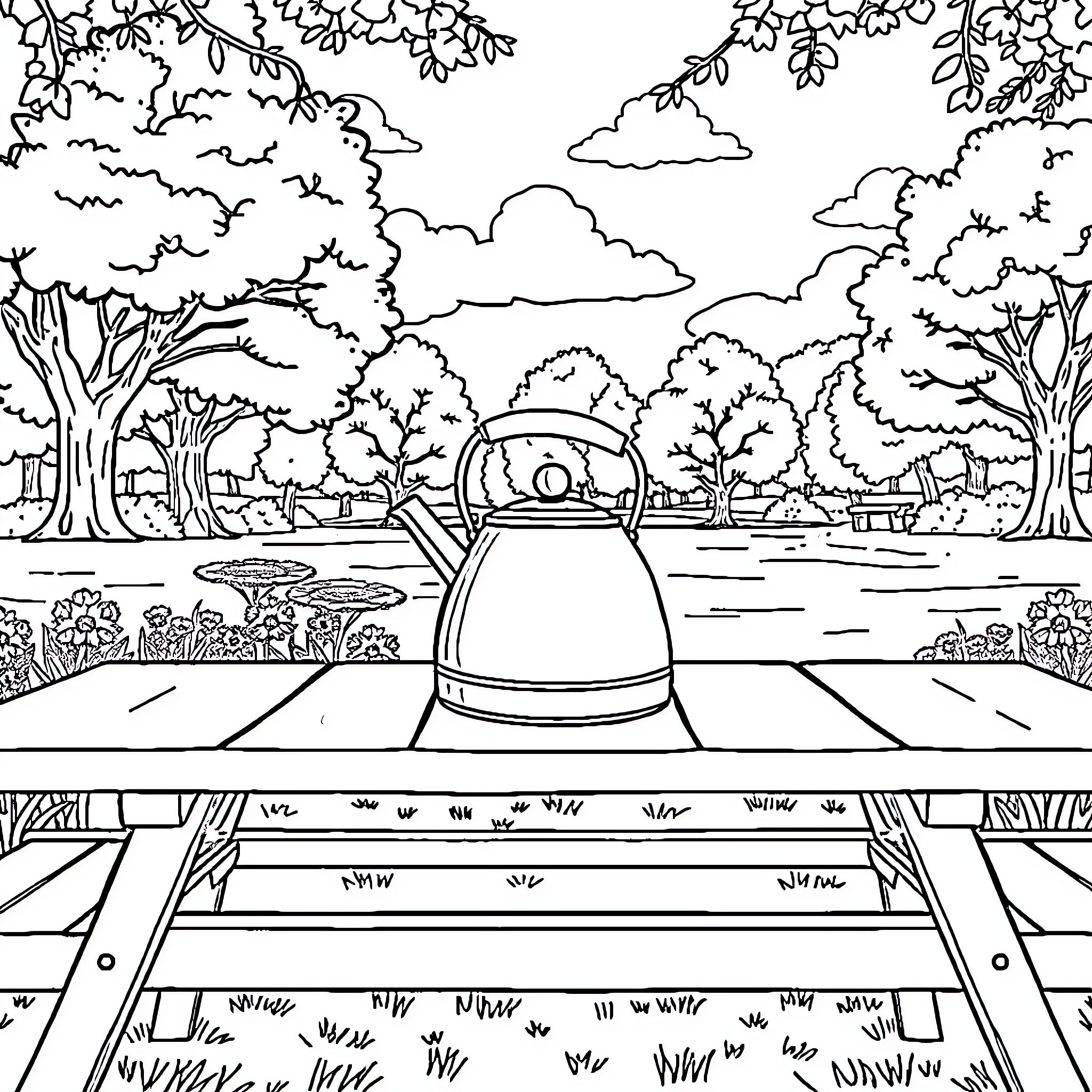 Kettle in a tranquil forest landscape Coloring Page (free black-and-white line drawing printable PDF for all, from beginners to advanced learners, including children, teens, adults, and seniors)