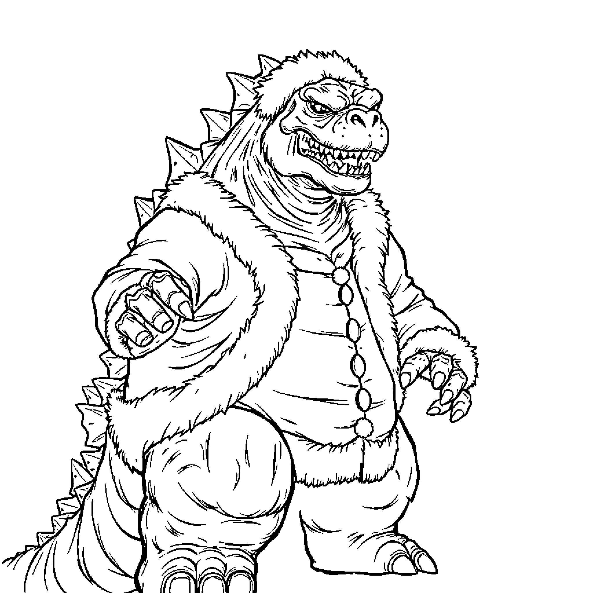 Godzilla-like Monster Roaring Fiercely Coloring Page (free black-and-white line drawing printable PDF for all, from beginners to advanced learners, including children, teens, adults, and seniors)