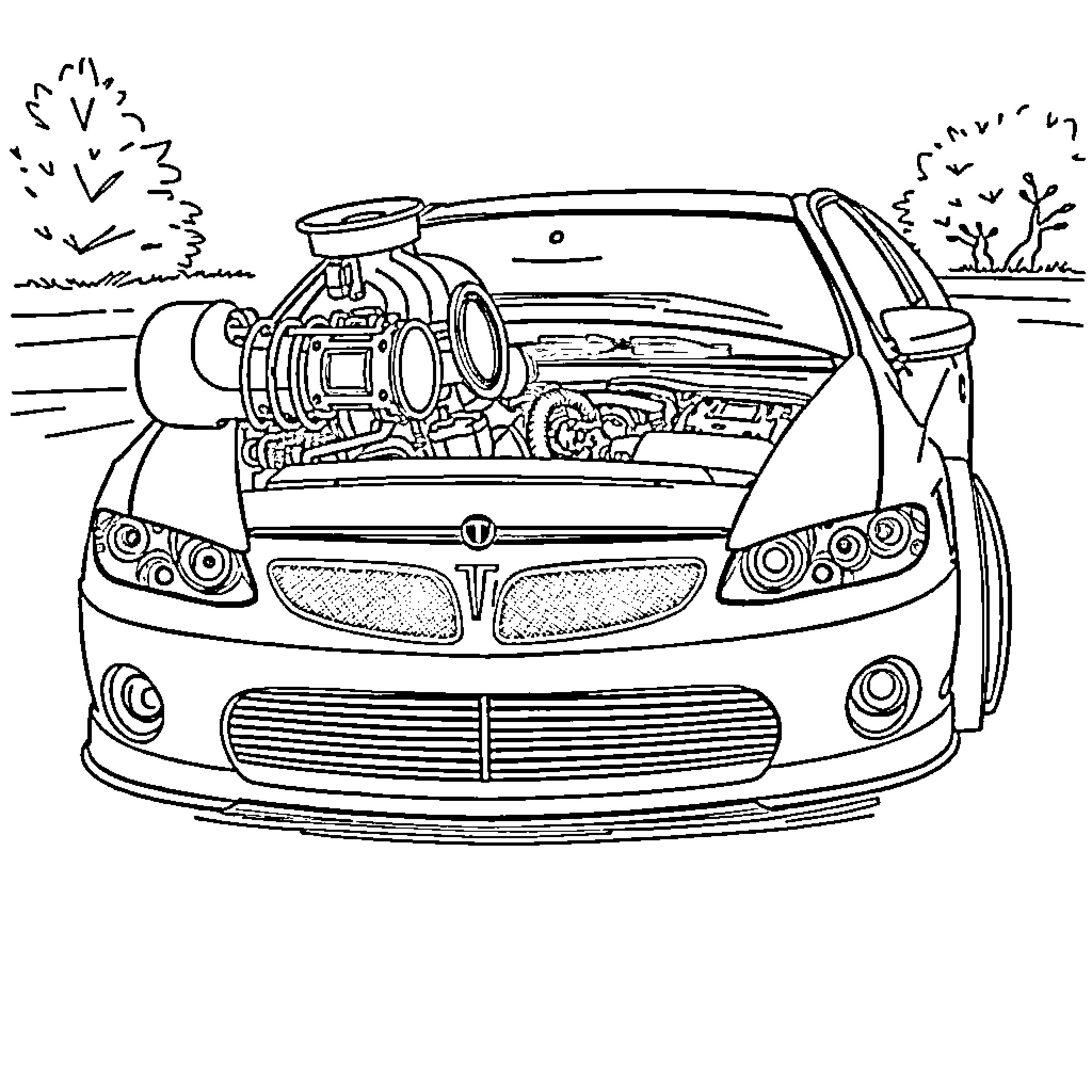 Gto high-performance sports car engine closeup Coloring Page (free black-and-white line drawing printable PDF for all, from beginners to advanced learners, including children, teens, adults, and seniors)