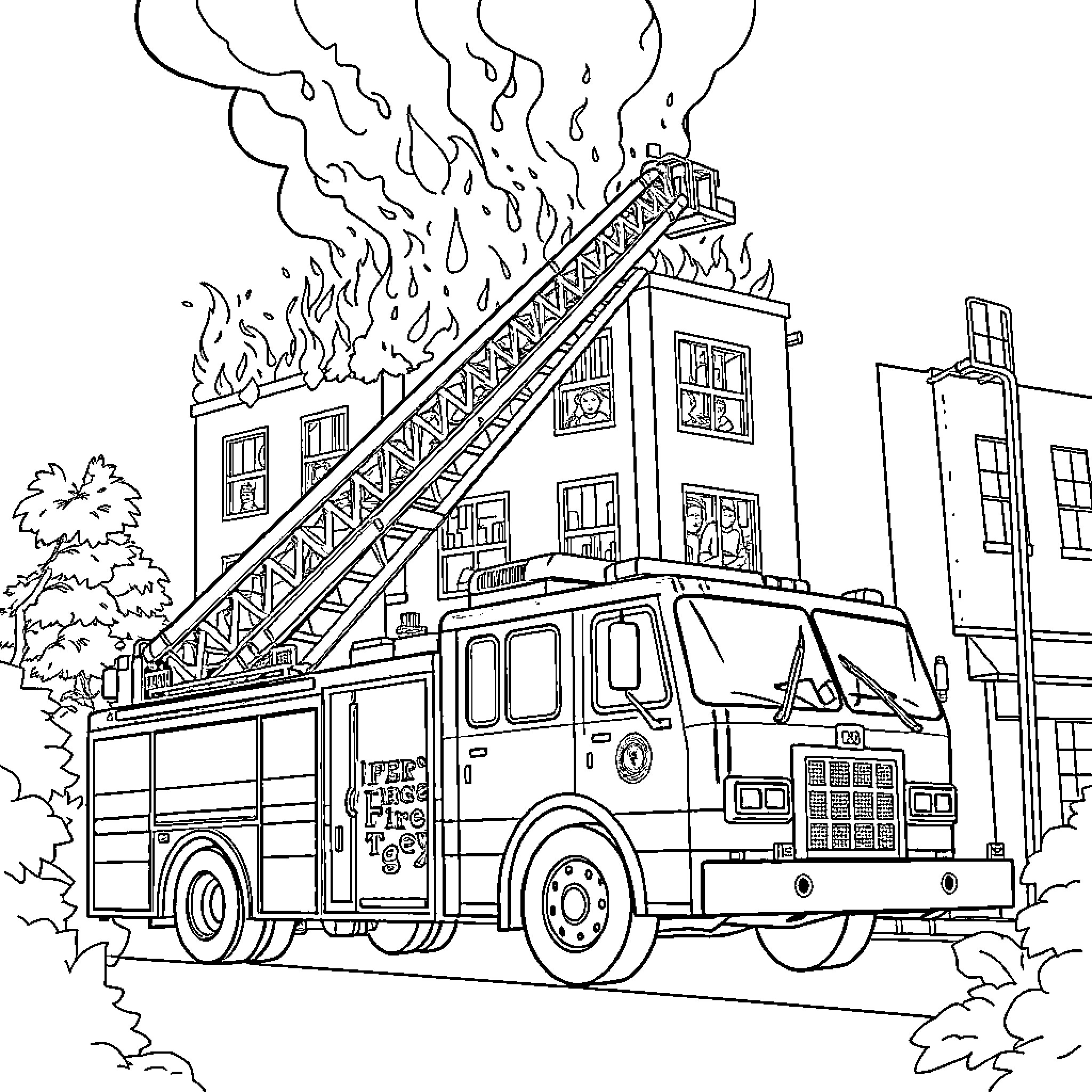 Firetruck responding to an emergency with ladder extended Coloring Page (free black-and-white line drawing printable PDF for all, from beginners to advanced learners, including children, teens, adults, and seniors)