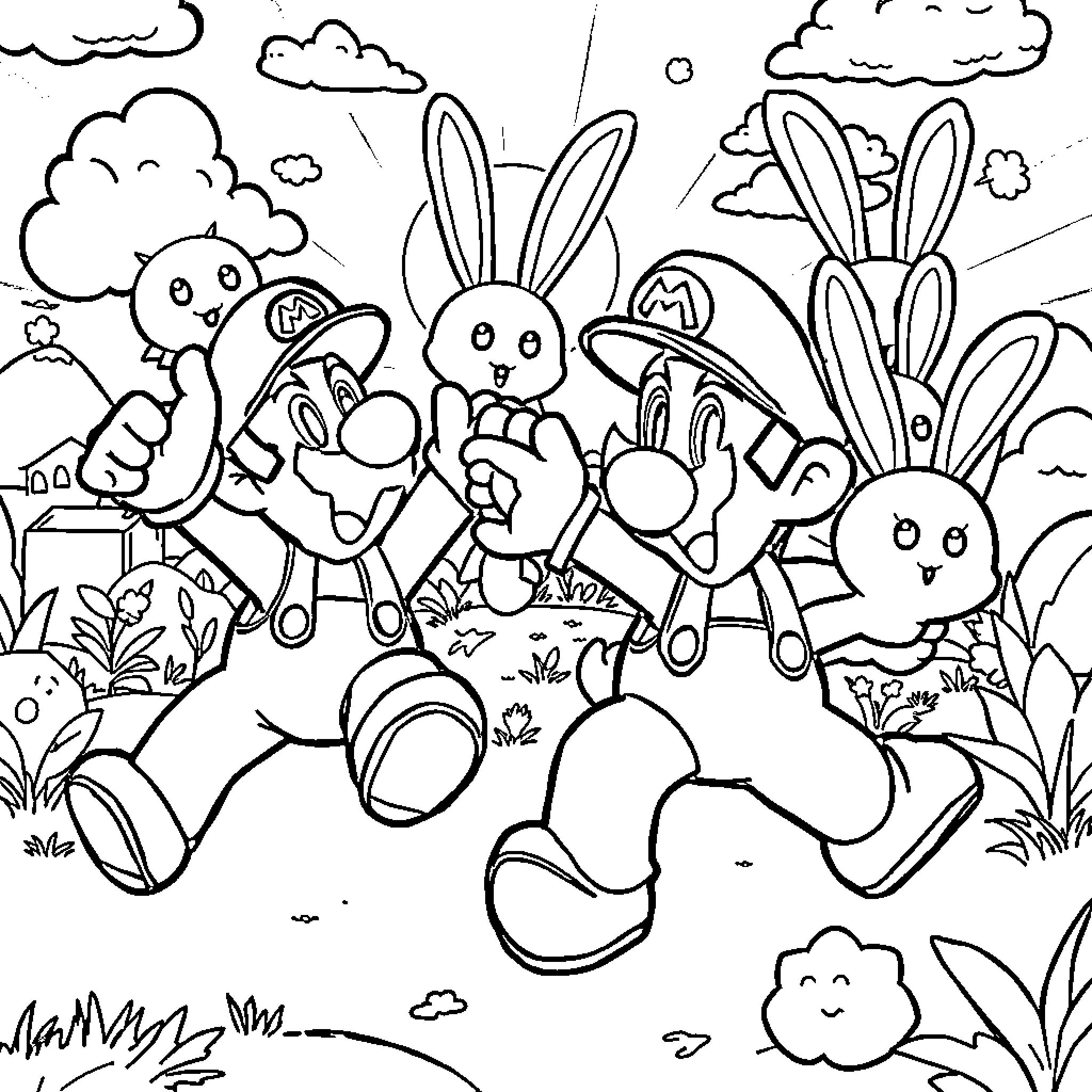 Mario and Bunny Friends' Playful Adventure Coloring Page (free black-and-white line drawing printable PDF for all, from beginners to advanced learners, including children, teens, adults, and seniors)