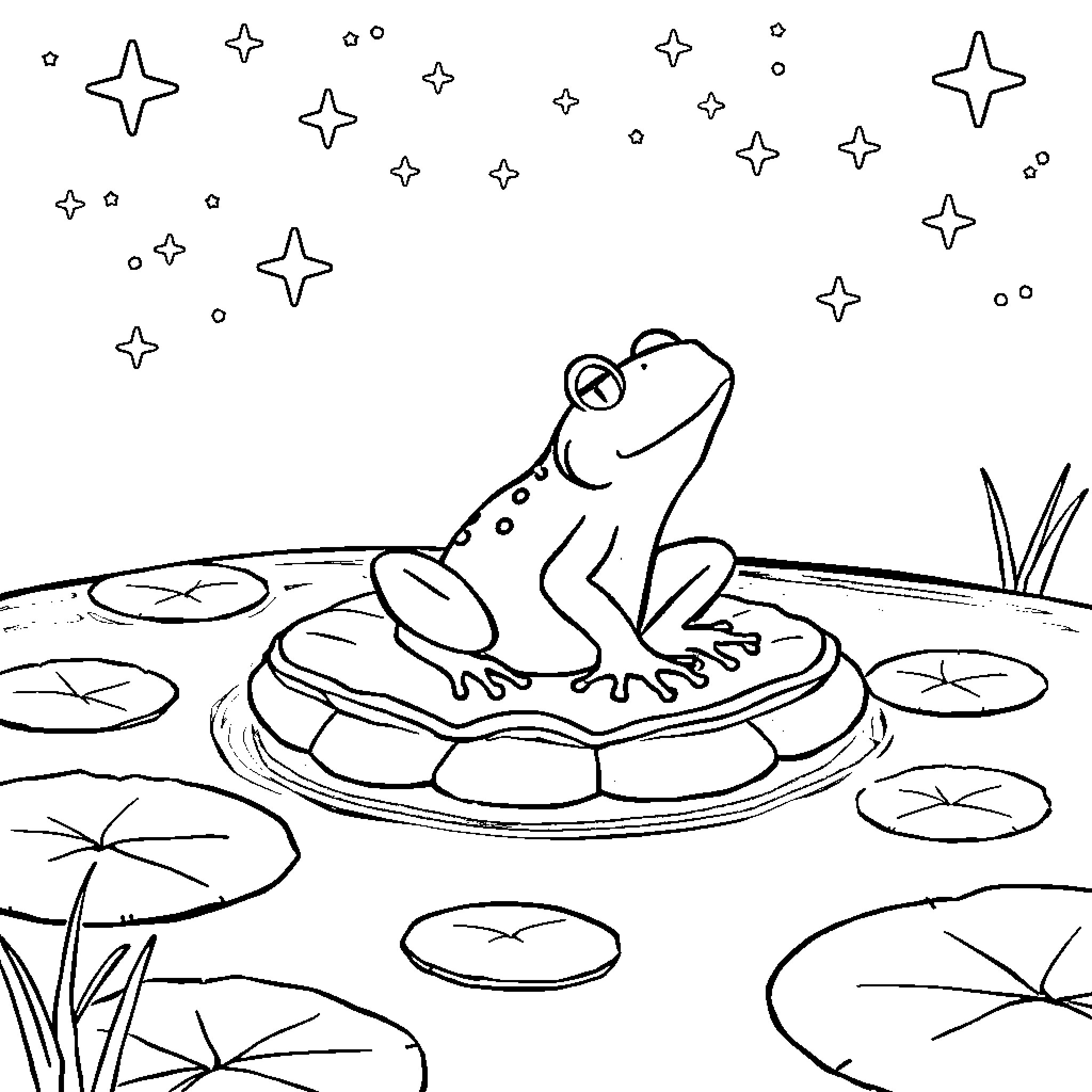 Frog enjoying a starry night on a lily pad Coloring Page (free black-and-white line drawing printable PDF for all, from beginners to advanced learners, including children, teens, adults, and seniors)