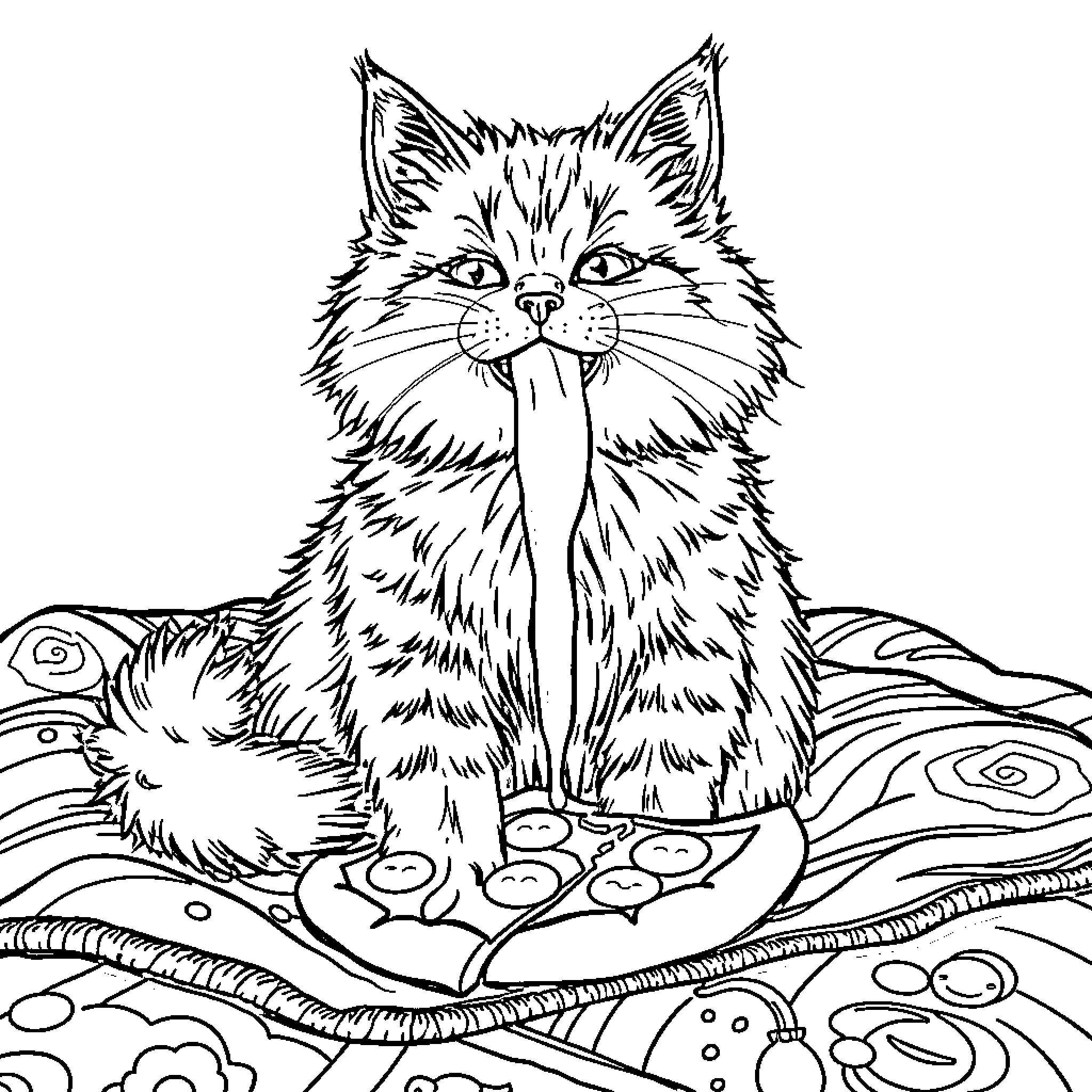 Cat in Ornate Surroundings Coloring Page (free black-and-white line drawing printable PDF for all, from beginners to advanced learners, including children, teens, adults, and seniors)