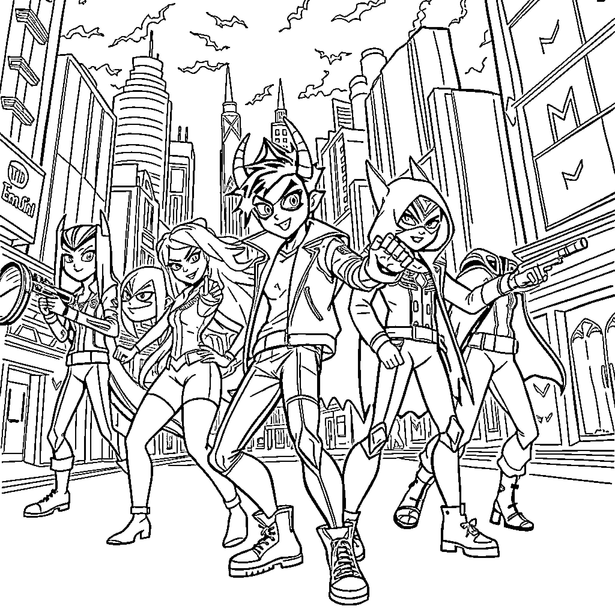 Demon Hunter Heroes in Action-Packed City Scene Coloring Page (free black-and-white line drawing printable PDF for all, from beginners to advanced learners, including children, teens, adults, and seniors)