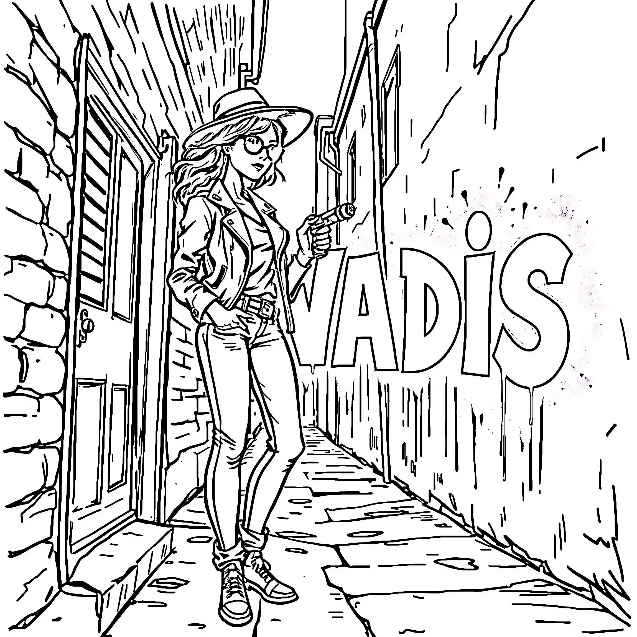 Lady in Stylish Outfit on Urban Street Coloring Page (free black-and-white line drawing printable PDF for all, from beginners to advanced learners, including children, teens, adults, and seniors)