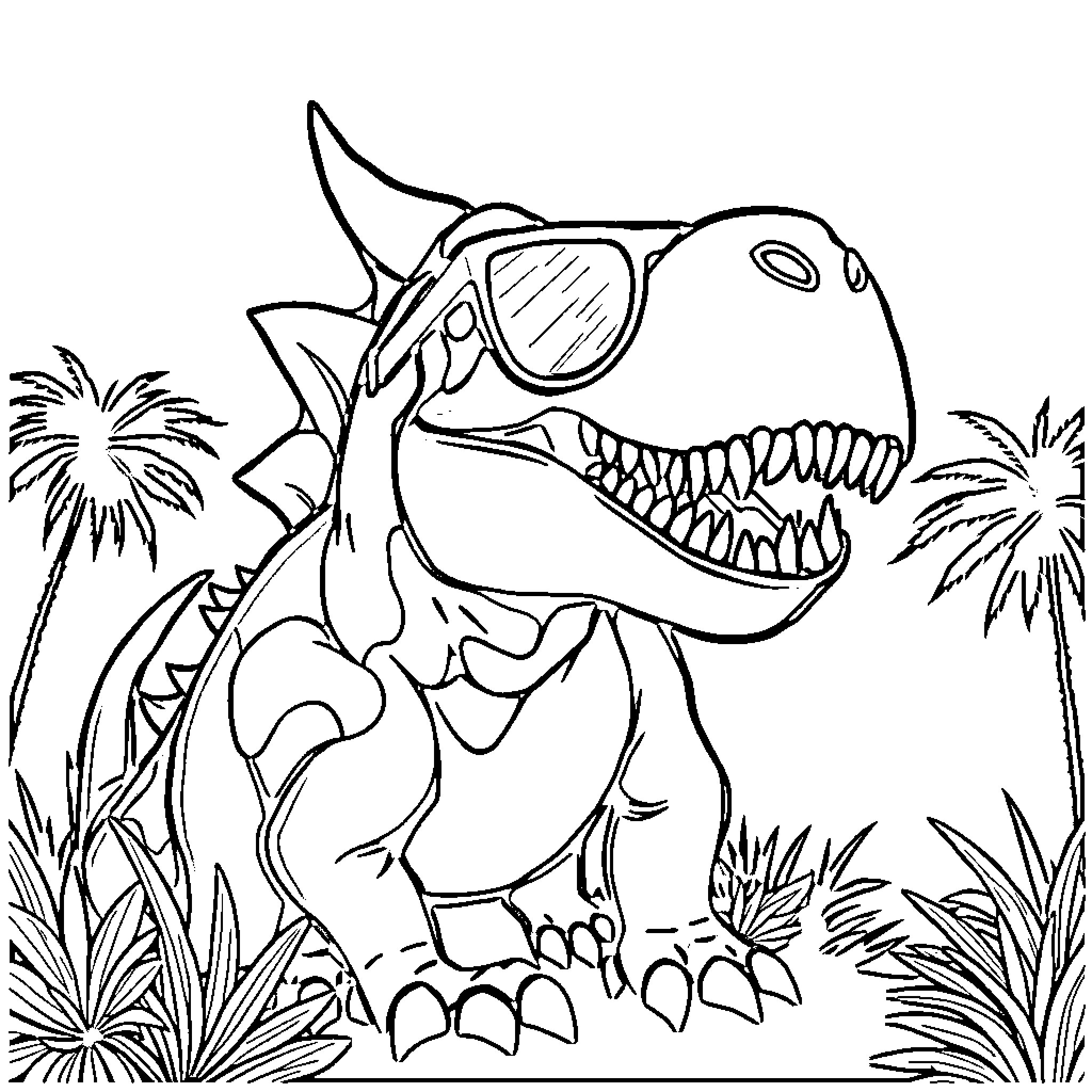Dino wearing sunglasses roaming in the jungle Coloring Page (free black-and-white line drawing printable PDF for all, from beginners to advanced learners, including children, teens, adults, and seniors)