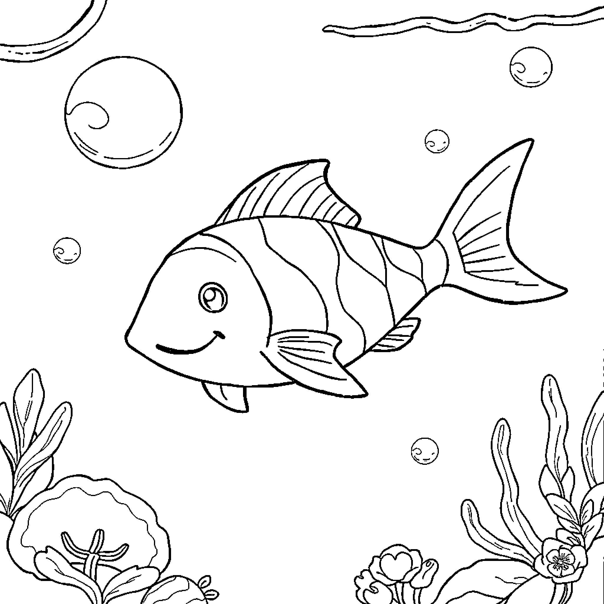 Labubu's underwater adventure with a happy fish Coloring Page (free black-and-white line drawing printable PDF for all, from beginners to advanced learners, including children, teens, adults, and seniors)