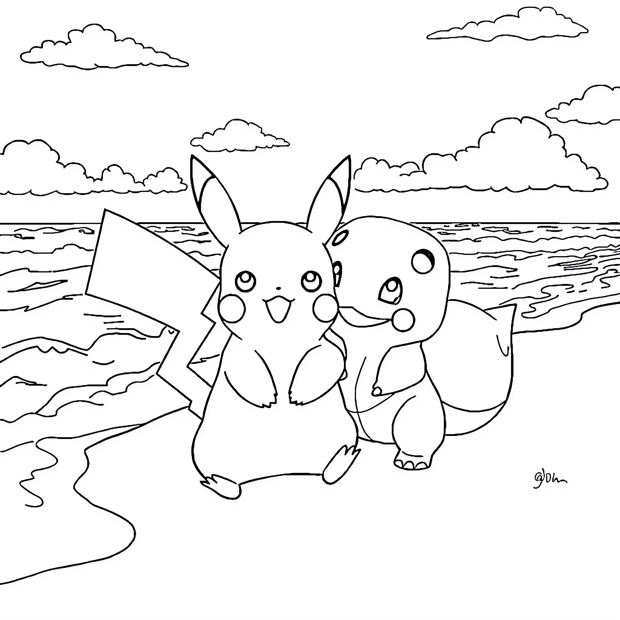 Pikachu and friends enjoying the beach Coloring Page (free black-and-white line drawing printable PDF for all, from beginners to advanced learners, including children, teens, adults, and seniors)