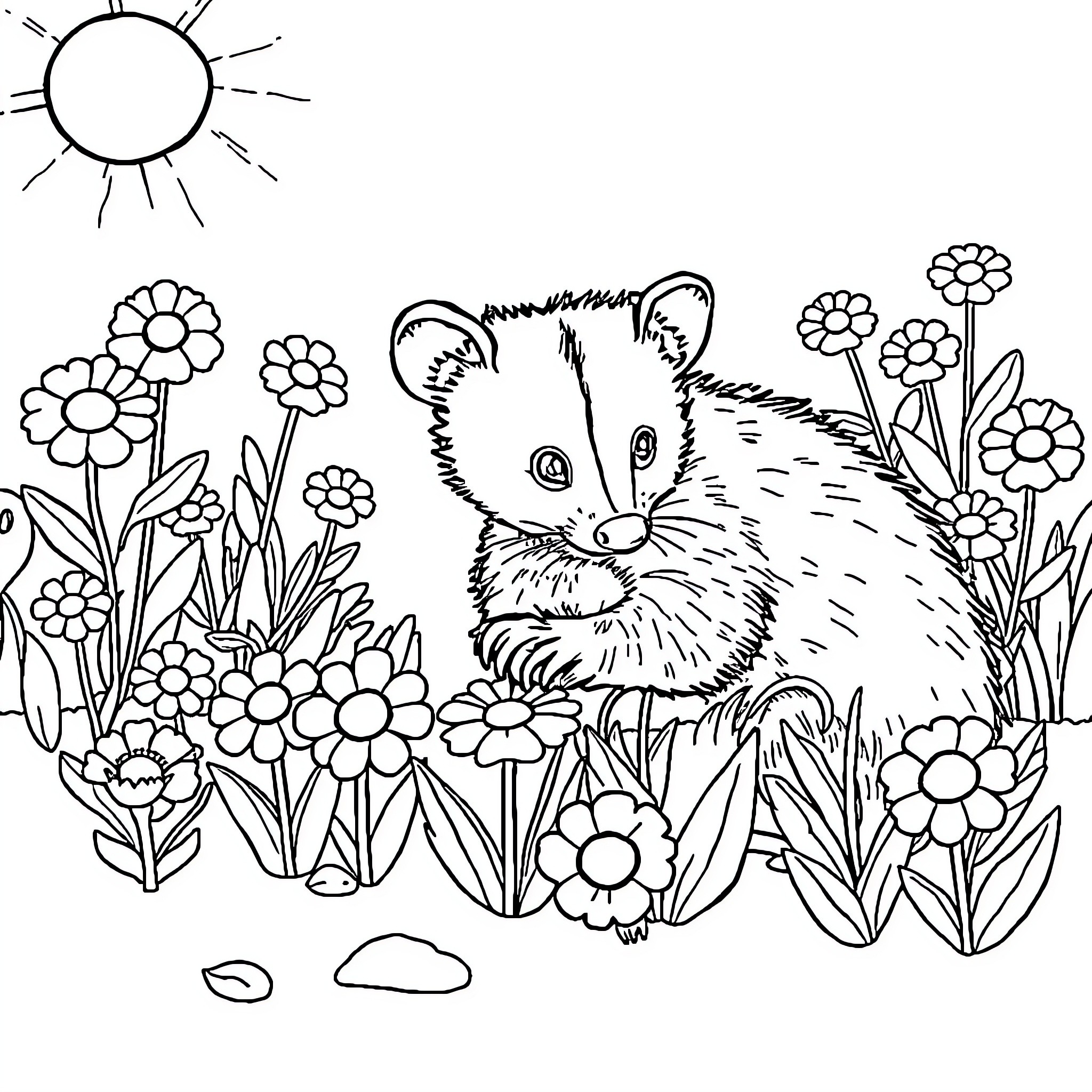 Opossum exploring a floral garden Coloring Page (free black-and-white line drawing printable PDF for all, from beginners to advanced learners, including children, teens, adults, and seniors)