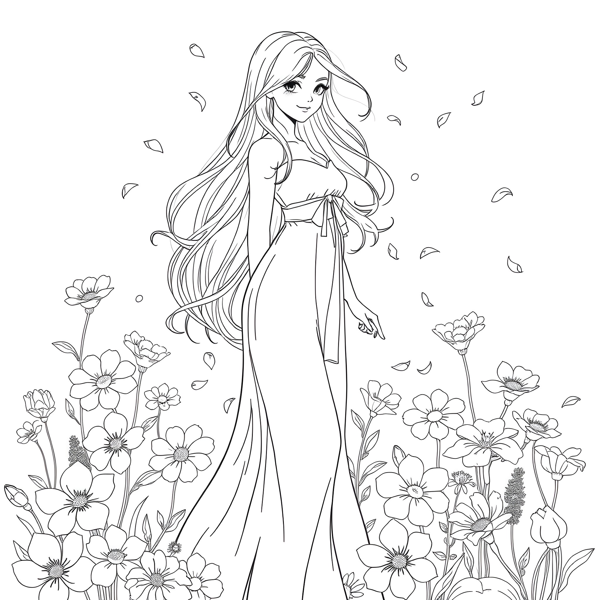 Bianka's Whimsical Floral Reverie Coloring Page (free black-and-white line drawing printable PDF for all, from beginners to advanced learners, including children, teens, adults, and seniors)