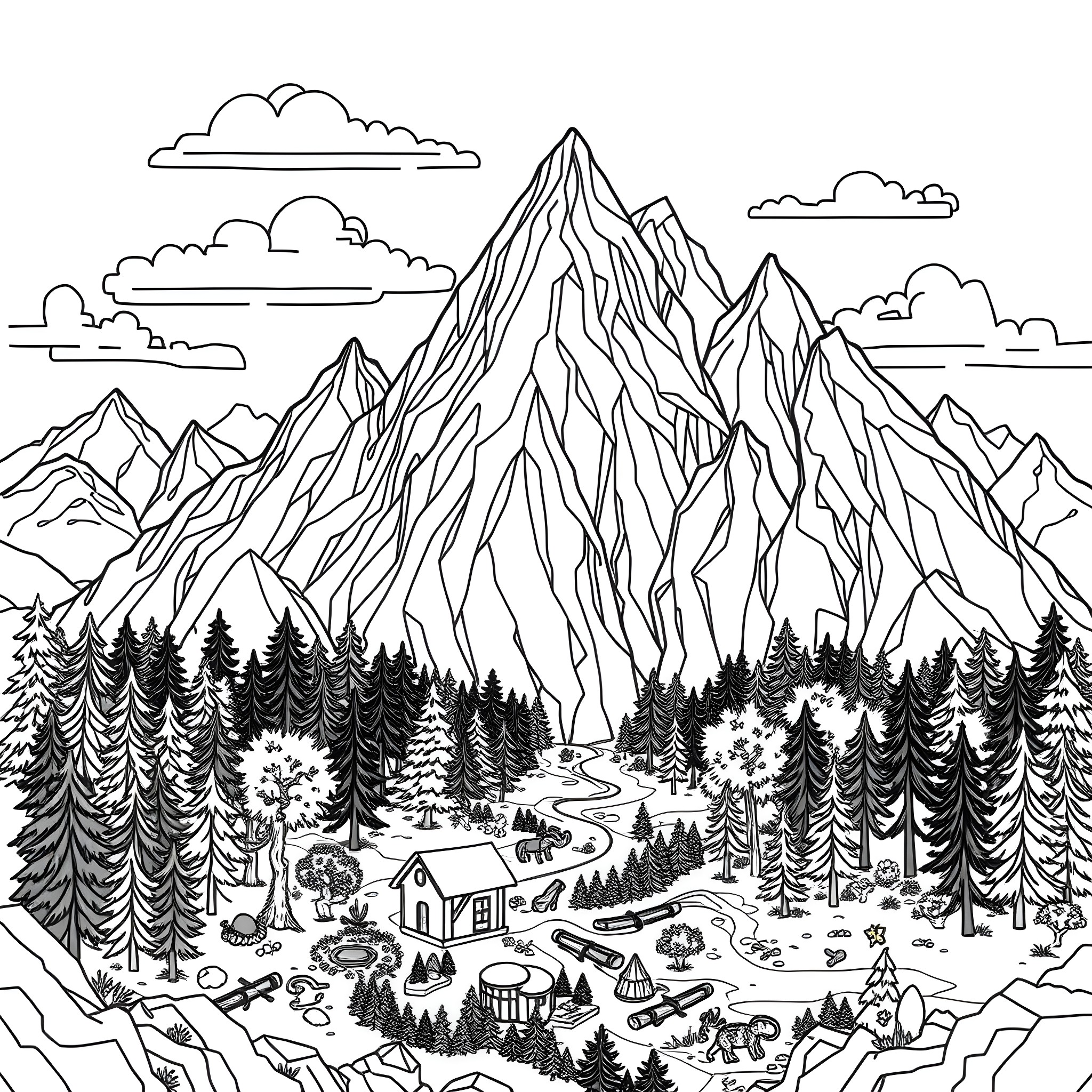 Minecraft Mountain Camping Adventure Coloring Page (free black-and-white line drawing printable PDF for all, from beginners to advanced learners, including children, teens, adults, and seniors)