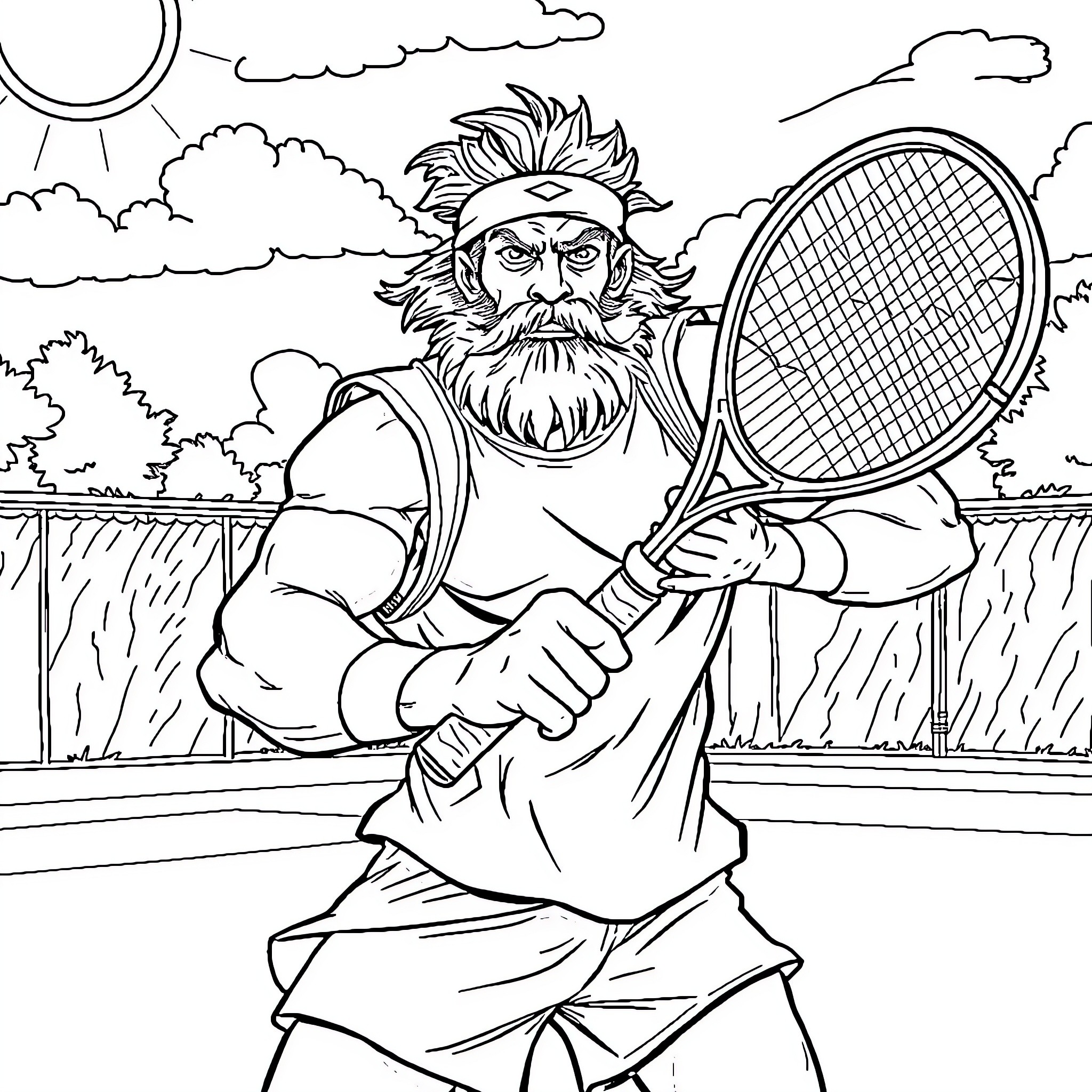 Beowulf, the Legendary Tennis Player Coloring Page (free black-and-white line drawing printable PDF for all, from beginners to advanced learners, including children, teens, adults, and seniors)
