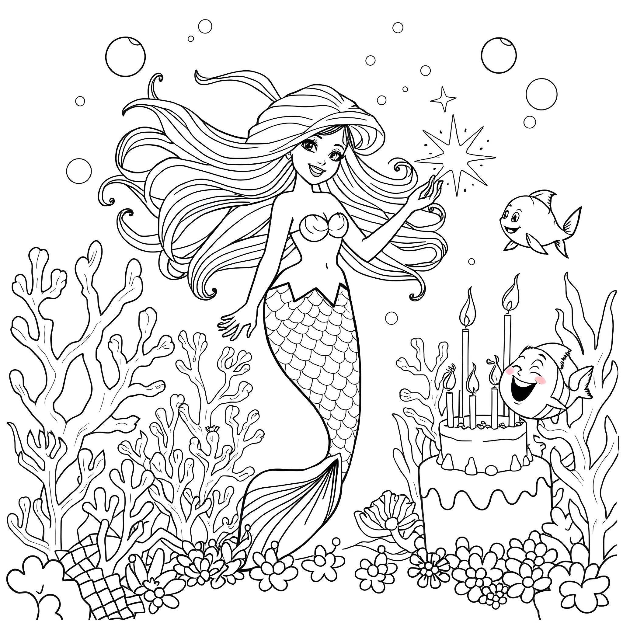 Mermaid celebrating birthday underwater with sea creatures Coloring Page (free black-and-white line drawing printable PDF for all, from beginners to advanced learners, including children, teens, adults, and seniors)